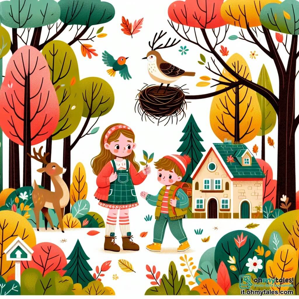 Une illustration destinée aux enfants représentant une fillette explorant un bosco coloré en automne, accompagnée d'un garçon, découvrant un nid d'oiseau dans une clairière entourée d'arbres aux feuilles rouges, jaunes et oranges, dans un petit village pittoresque.