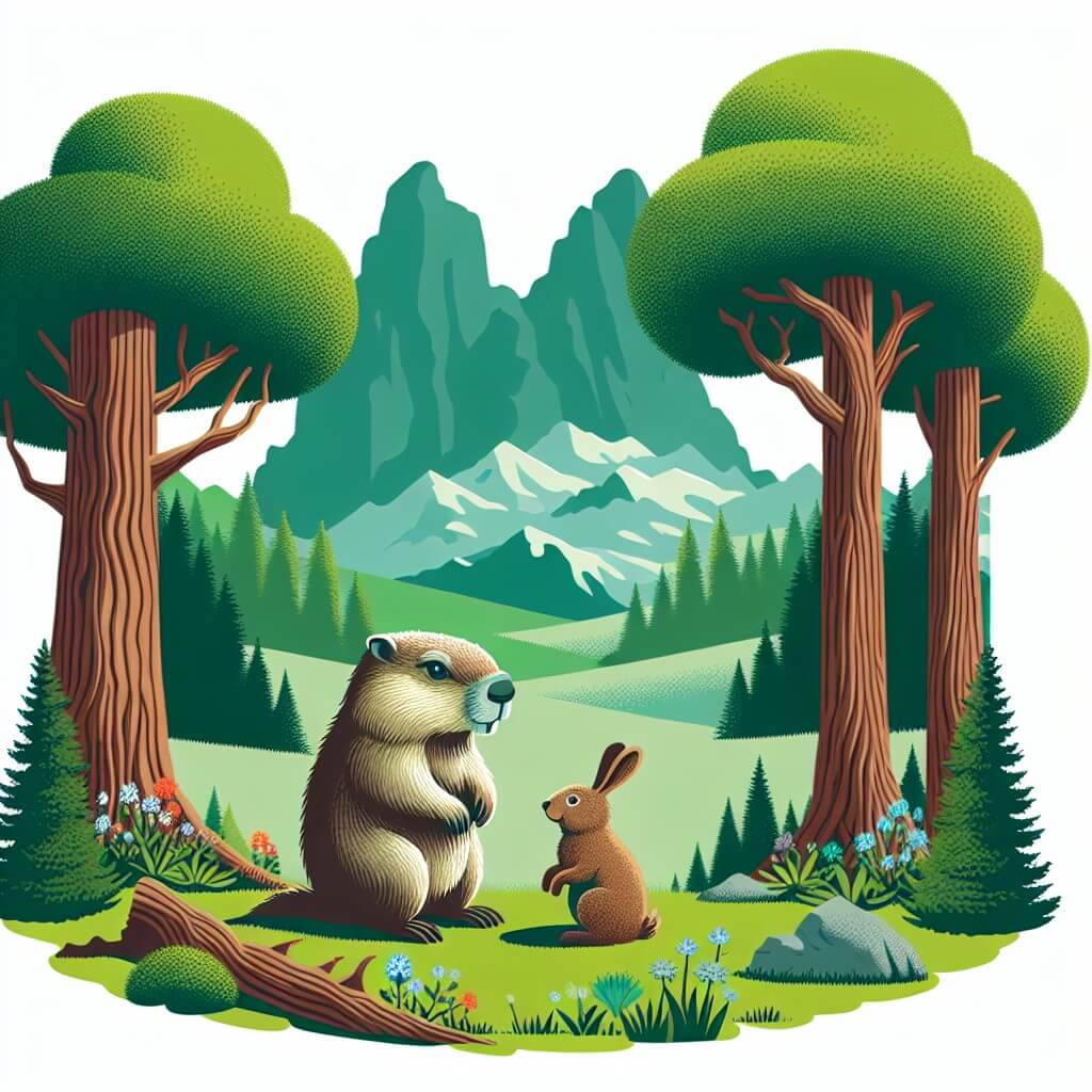 Une illustration destinée aux enfants représentant une marmotte curieuse et intrépide, se liant d'amitié avec une lepre triste, dans un paisible bosquet de montagne entouré de prairies verdoyantes et de majestueux arbres centenaires.