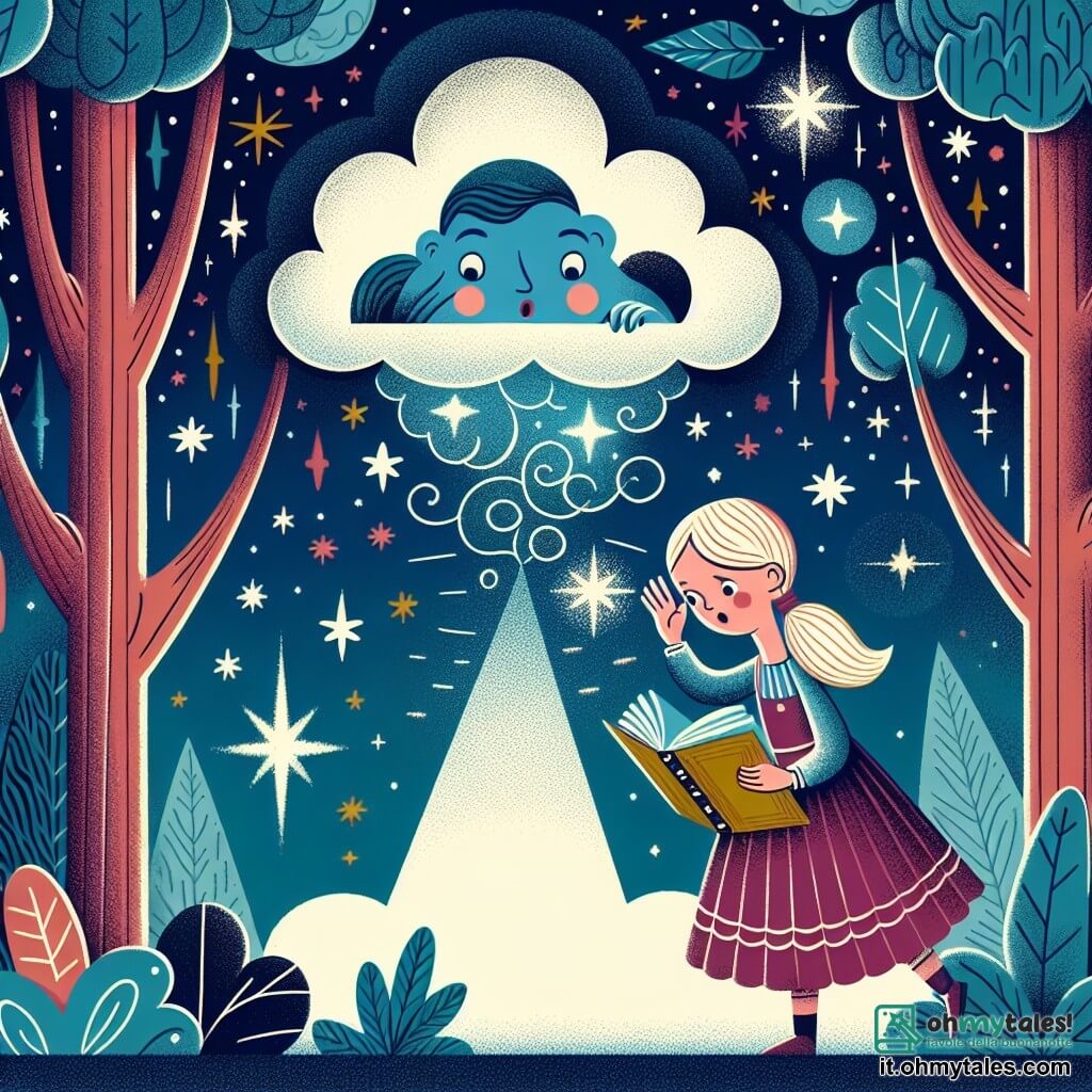 Une illustration destinée aux enfants représentant une jeune fille curieuse découvrant le secret de la lumière intérieure en compagnie d'une nuage sage, dans un bosco incantato où les arbres dansent au rythme des étoiles scintillantes.