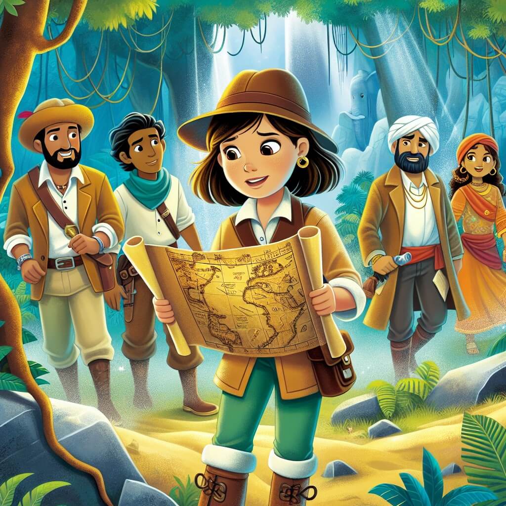 Une illustration destinée aux enfants représentant une jeune archéologue intrépide, en tenue d'exploratrice, découvrant une ancienne carte au trésor scintillante, accompagnée de son équipe d'archéologues, dans une vallée cachée et enchantée, entourée de majestueux arbres séculaires et d'animaux curieux.