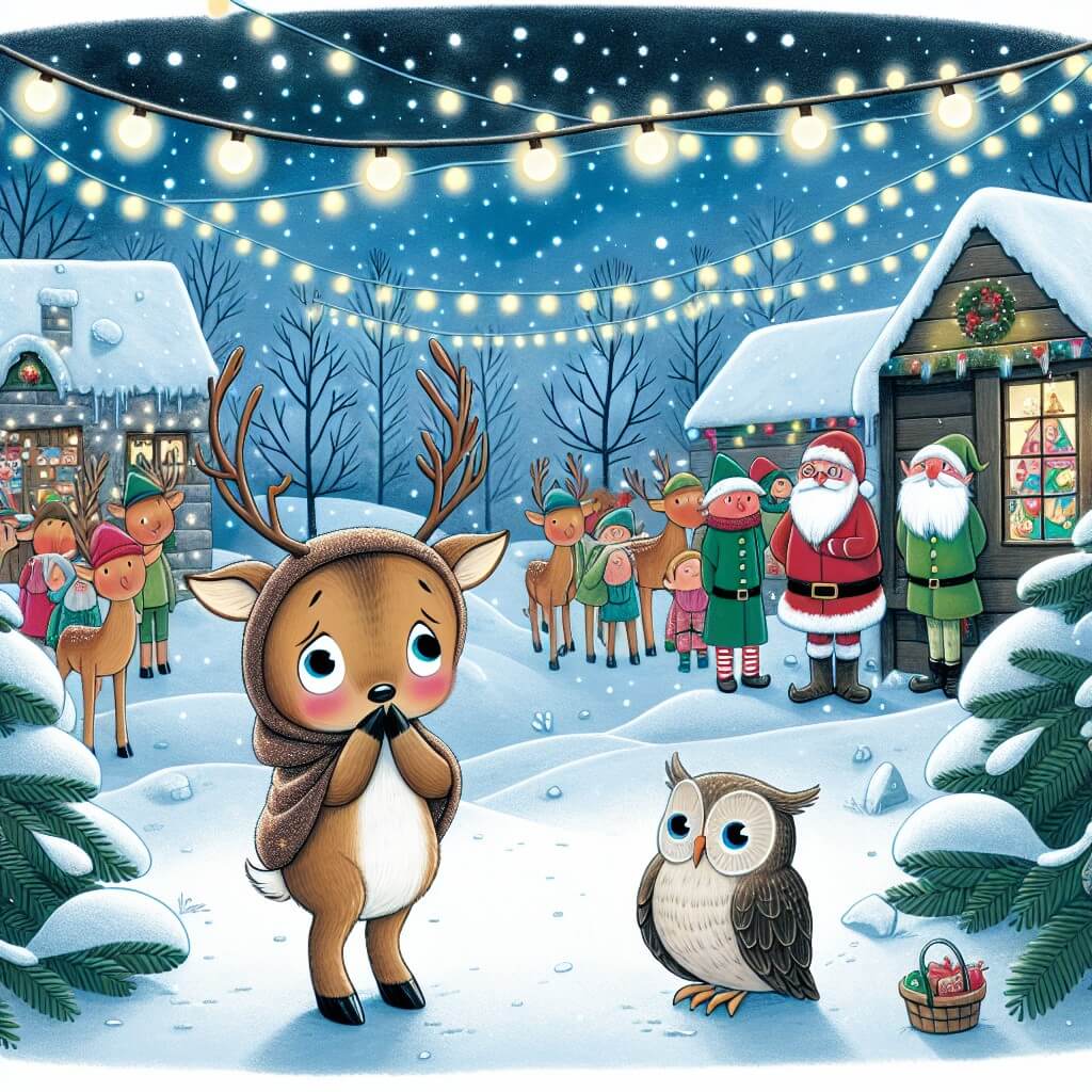 Une illustration destinée aux enfants représentant un renne timide et frêle, se sentant différent des autres, qui se trouve perdu dans une forêt enneigée, mais qui fait la rencontre d'un sage gufo et découvre la magie du village de Noël de Babbo Natale, avec ses lumières scintillantes, ses arbres décorés et une foule joyeuse d'elfes et de rennes.