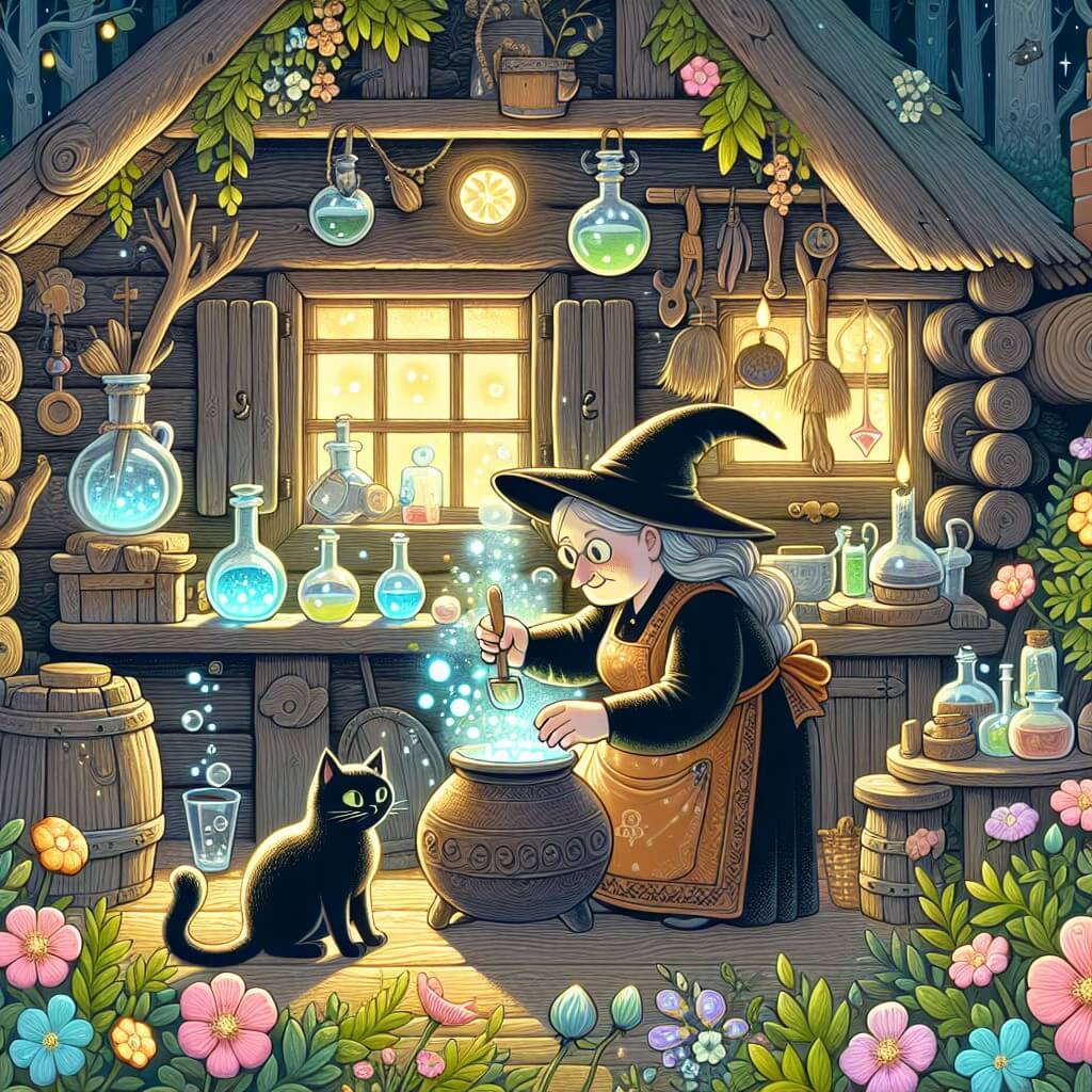 Une illustration destinée aux enfants représentant une sorcière maladroite préparant une potion magique dans son chalet en bois, avec son chat noir espiègle et un jardin enchanté rempli de fleurs lumineuses et de bulles scintillantes.