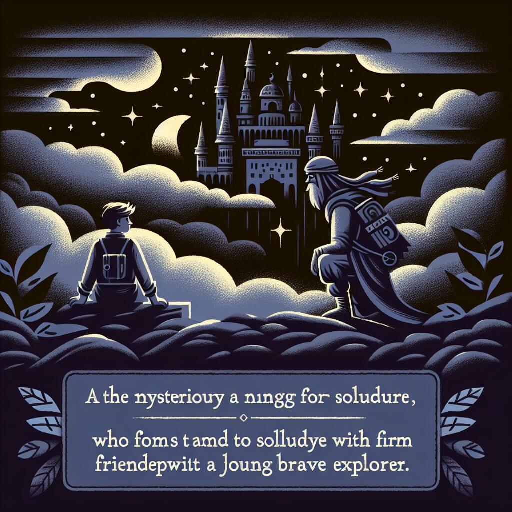 Une illustration destinée aux enfants représentant une mystérieuse créature de la nuit, épris de solitude, qui se lie d'amitié avec un jeune explorateur courageux, dans un sombre et majestueux château entouré de nuages menaçants.