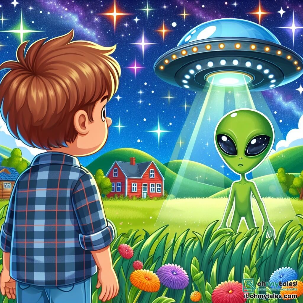 Une illustration destinée aux enfants représentant un garçon curieux observant une astronave scintillante atterrir dans un champ verdoyant, avec en second plan un sympathique extraterrestre aux grands yeux lumineux, le tout se déroulant sous un ciel étoilé et coloré, dans un petit village entouré de collines et de fleurs multicolores.
