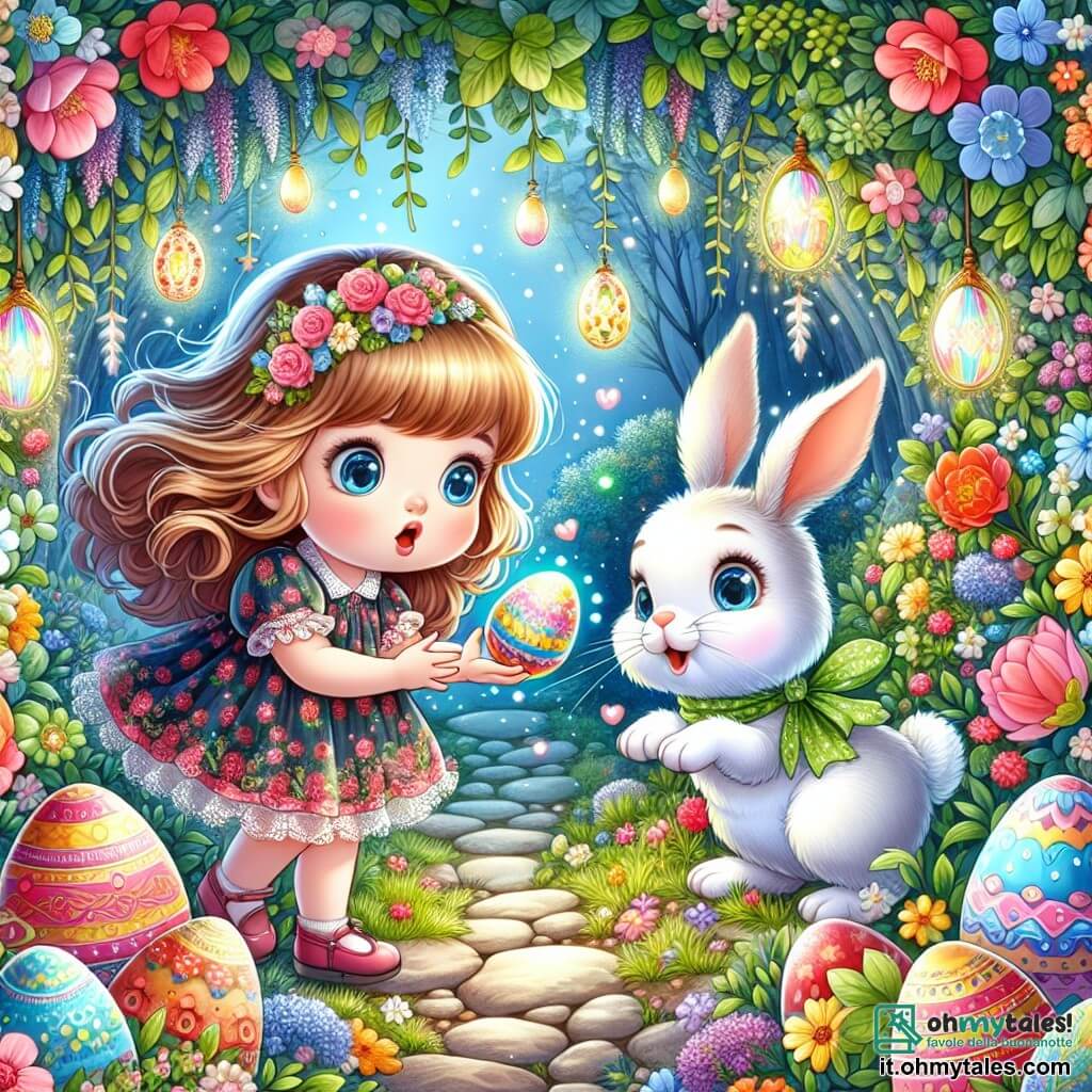 Une illustration destinée aux enfants représentant une petite fille curieuse découvrant un coniglietto magico dans un jardin enchanté rempli de fleurs colorées et d'œufs de Pâques brillants.