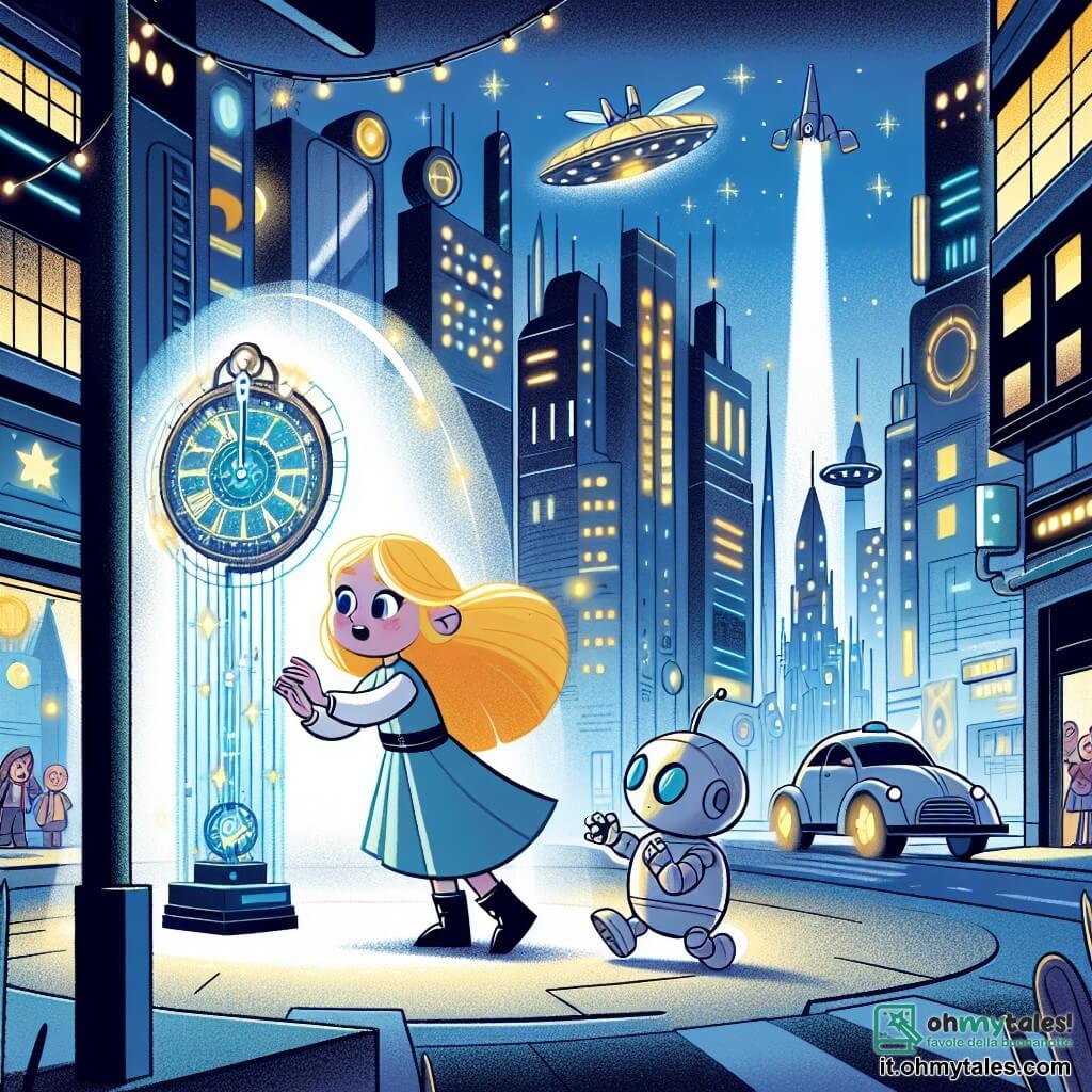 Une illustration destinée aux enfants représentant une fillette aux cheveux bionds lumineux, découvrant un mystérieux orologio magique avec un petit robot parlant à ses côtés, dans la ville futuriste de Cristallia, aux rues illuminées par des lumières fluorescentes et des véhicules volants.