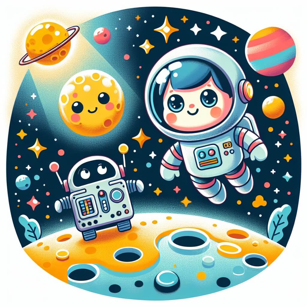Une illustration destinée aux enfants représentant un astronaute intrépide, en train de flotter dans l'espace, accompagné d'un adorable robot, explorant la surface lumineuse et colorée de la Lune.