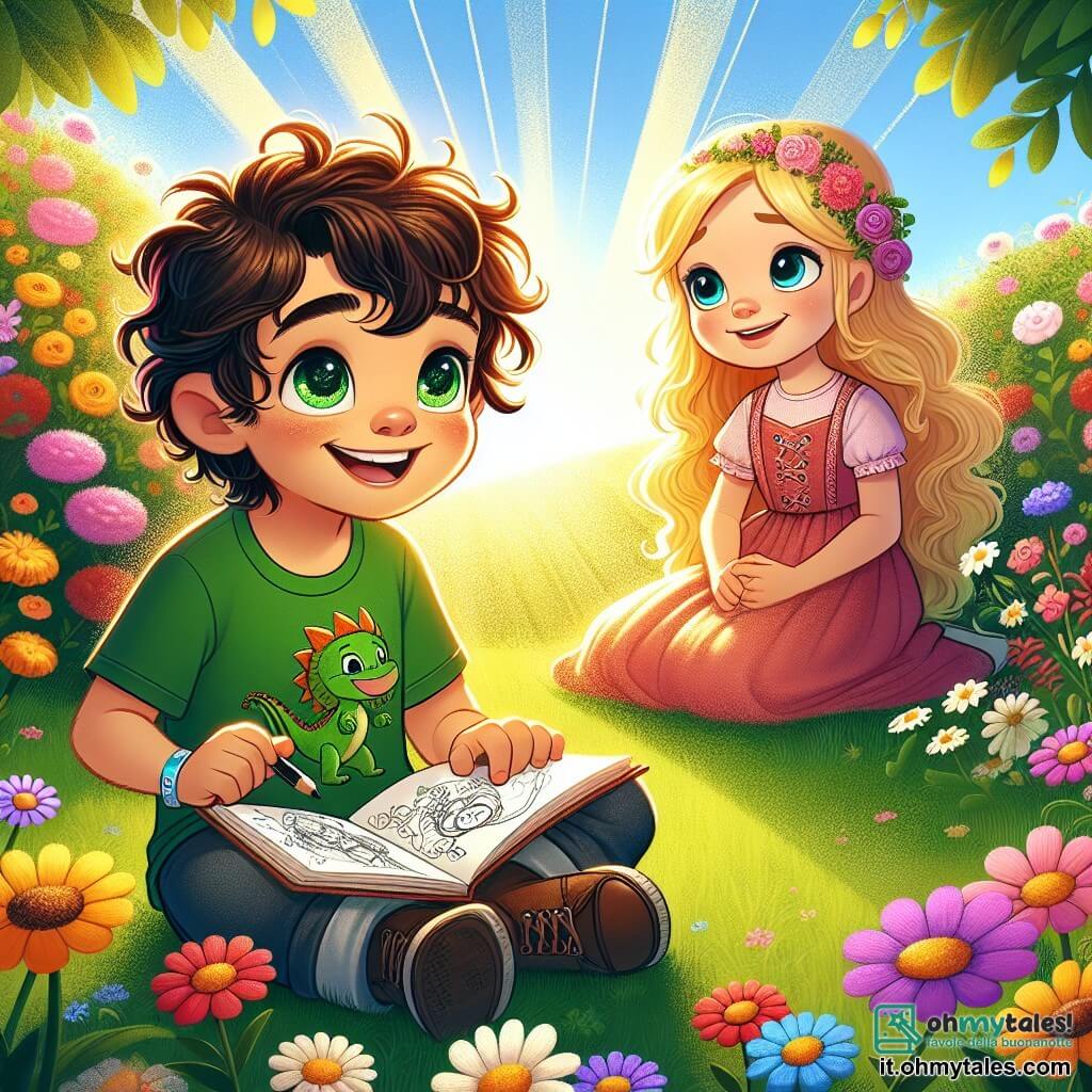 Une illustration sous forme de dessin destinée aux enfants représentant un jardin ensoleillé rempli de fleurs colorées, où un garçon de 7 ans aux cheveux bouclés et aux yeux pétillants, vêtu d'un t-shirt vert avec un dragon, est assis sur l'herbe, souriant et tenant un carnet de dessins, tandis qu'à ses côtés, une fille aux cheveux longs et blonds, portant une robe rose, écoute attentivement ses histoires sur ses aventures à l'hôpital, créant une atmosphère de camaraderie et de courage face à la maladie.