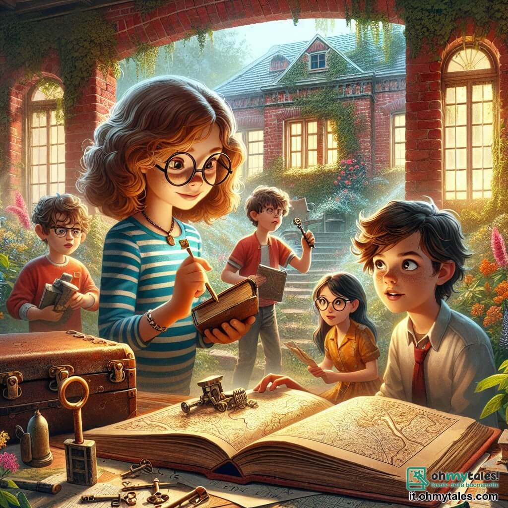 Illustrazione che rappresenta una vecchia villa misteriosa, con muri di mattoni rossi coperti di edera verde, finestre impolverate e un grande giardino incolto pieno di fiori selvatici colorati. All'interno, quattro giovani detective sono riuniti in una stanza polverosa, illuminata dalla luce morbida di una finestra. C'è una ragazza di circa 10 anni, con capelli ricci castani e occhiali rotondi, che tiene un vecchio libro aperto, con gli occhi brillanti di eccitazione. Accanto a lei, un'altra ragazza, anch'essa di 10 anni, con capelli biondi intrecciati, indossa una maglietta a righe e osserva attentamente una mappa antica. Un ragazzo di 11 anni, con capelli castani e occhiali, esamina una vecchia chiave arrugginita nella sua mano, mentre un'altra ragazza, di 9 anni, con capelli neri e un abito colorato, indica una grande cassaforte di metallo, con un'espressione di curiosità. La scena mostra i bambini in piena esplorazione, circondati da vecchi mobili coperti da lenzuola bianche, con oggetti antichi sparsi attorno a loro, come strumenti musicali e foto ingiallite. L'atmosfera è sia misteriosa che magica, catturando lo spirito di avventura e di amicizia dei giovani investigatori.