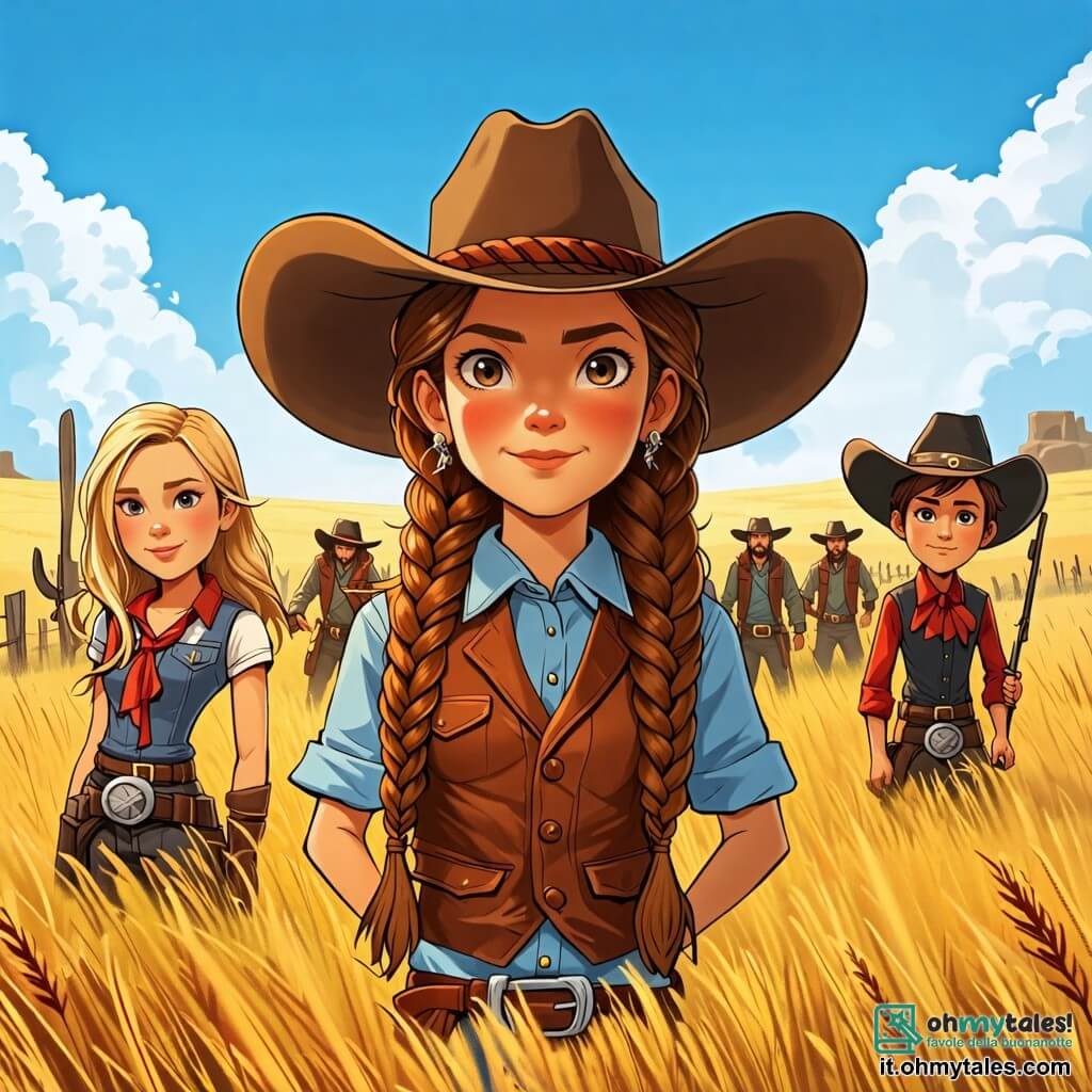 Une illustration sous forme de dessin destinée aux enfants représentant une vaste prairie dorée sous un ciel bleu éclatant, où une jeune cowgirl aux longs cheveux bruns tressés, portant un chapeau de cowboy et un gilet en cuir, se tient courageusement devant un groupe de bandits menaçants, tandis que deux de ses amis, un garçon souriant aux cheveux blonds et une fille prudente aux cheveux châtains, l'observent avec détermination, tous prêts à affronter l'aventure qui les attend dans ce décor sauvage et plein de mystère.