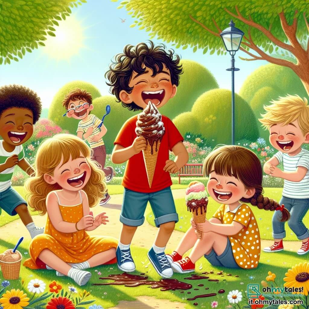 Illustration destinée aux enfants représentant un parc ensoleillé, rempli de verdure luxuriante, avec des arbres aux feuilles éclatantes et des fleurs colorées parsemées sur l'herbe. Au centre, un garçon de 7 ans aux cheveux bouclés et noirs, vêtu d'un t-shirt rouge et de shorts bleus, rit aux éclats tout en tenant un gros cône de glace au chocolat qui dégouline sur sa main. À ses côtés, une fille aux cheveux blonds, portant une robe jaune à pois, essaie de retenir son rire tout en tenant un gelato au citron, tandis qu'un autre garçon aux lunettes, avec des cheveux bruns en bataille, se penche en avant, riant d'une blague, et une petite fille aux cheveux châtains, avec une tresse, éclate de rire en essayant d'essuyer le chocolat qui coule sur son bras. L'atmosphère est joyeuse et pleine de rires, avec des éclats de glace et des sourires radieux, illustrant un moment de camaraderie et de bonheur partagé.
