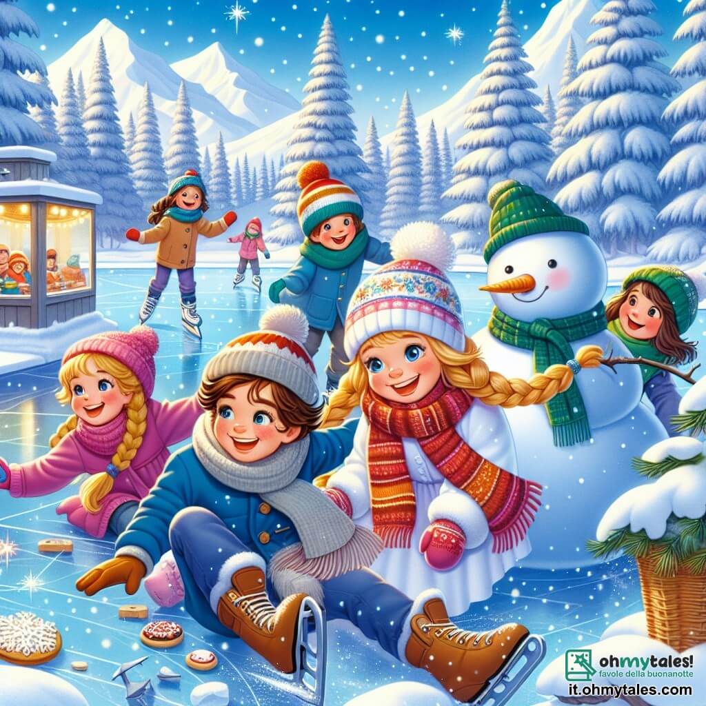 Illustrazione che rappresenta una scena invernale magica al bordo di un lago ghiacciato, circondato da maestosi abeti coperti di neve scintillante sotto un cielo blu chiaro. In primo piano, un gruppo di quattro bambini: un ragazzo di 11 anni con capelli castani e occhi scintillanti, vestito con un cappotto blu e una sciarpa rossa, che scivola gioiosamente sul ghiaccio. Accanto a lui, una ragazza di 10 anni con lunghi capelli biondi intrecciati, che indossa un berretto rosa e guanti colorati, ride mentre cade nella neve. Un altro ragazzo di 11 anni, con capelli castani e una sciarpa verde, sta costruendo un grande pupazzo di neve, mentre una ragazza di 9 anni, con capelli castani e ricci, osserva meravigliata, tenendo un biscotto decorato tra le mani. Sullo sfondo, altri bambini pattinano sul lago, e fiocchi di neve cadono dolcemente, aggiungendo un tocco di magia a questa scena gioiosa e festiva.