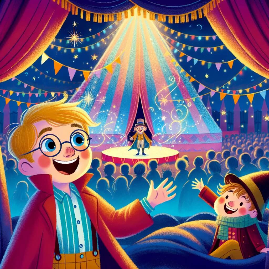 Une illustration destinée aux enfants représentant un jeune garçon émerveillé devant un spectacle de cirque, accompagné par un personnage secondaire mystérieux, dans une grande et colorée tente de cirque remplie de lumières et de musique joyeuse.