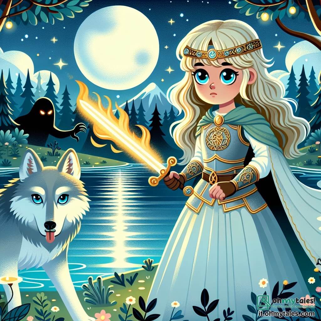 Une illustration sous forme de dessin destinée aux enfants représentant un lac scintillant sous la lune, entouré de forêts enchantées, où une jeune femme aux cheveux blonds lumineux et aux yeux bleus, vêtue d'une armure légère ornée de symboles anciens, brandit une épée flamboyante avec détermination, tandis qu'un loup argenté à l'air sage se tient à ses côtés, prêt à la défendre, alors qu'ils affrontent une silhouette sombre et menaçante émergeant des eaux, symbolisant la lutte entre la lumière et l'obscurité dans un royaume en quête de magie perdue.