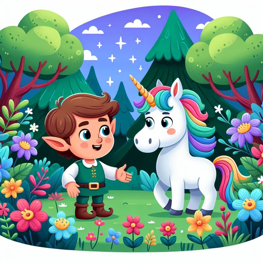 Une illustration destinée aux enfants représentant un elfe espiègle qui rencontre une licorne joyeuse dans une clairière enchantée entourée de fleurs multicolores et d'arbres majestueux.