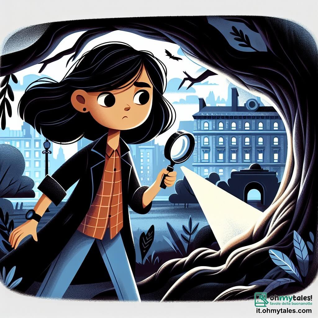 Une illustration destinée aux enfants représentant une jeune femme détective, aux cheveux noirs comme la nuit, découvrant un mystérieux tunnel secret sous l'ombre d'un ancien arbre dans le parc de la ville.