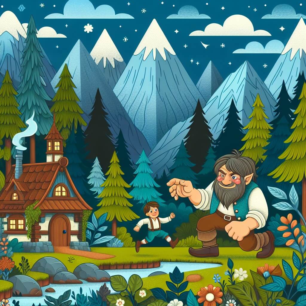 Une illustration destinée aux enfants représentant un géant rigolo qui joue à cache-cache avec un petit garçon dans un village enchanté entouré de forêts luxuriantes et de montagnes majestueuses.