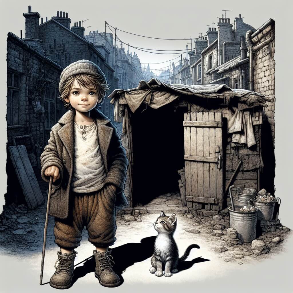 Une illustration destinée aux enfants représentant un jeune garçon aux cheveux en bataille, vêtu de vêtements usés, se tenant devant un petit abri de fortune dans une ruelle sombre et étroite, avec un chaton maigre qui lui tient compagnie, dans un quartier pauvre et délabré d'une grande ville.