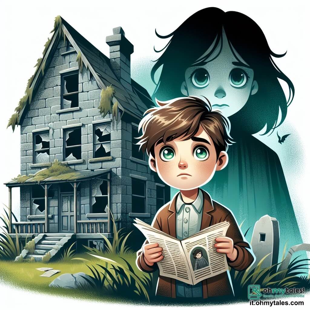 Une illustration sous forme de dessin destinée aux enfants représentant une vieille maison abandonnée, avec des murs de pierre grise recouverts d'herbes et des fenêtres brisées, où un garçon de 11 ans aux cheveux bruns ébouriffés et aux yeux verts brillants, tenant un vieux journal dans ses mains, regarde avec curiosité et une pointe d'inquiétude, tandis qu'une silhouette éthérée d'une fille aux longs cheveux noirs et vêtue d'une robe d'époque flotte derrière lui, l'air triste et implorant, alors qu'ils se trouvent au cœur d'un mystère ancien, entourés d'ombres dans une atmosphère à la fois intrigante et légèrement effrayante.