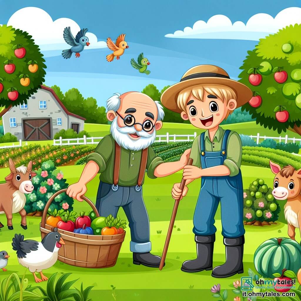 Une illustration destinée aux enfants représentant un jeune homme passionné d'agriculture, accompagné d'un vieux contadino bienveillant, travaillant ensemble dans une ferme pittoresque entourée de champs verdoyants, d'arbres fruitiers et d'animaux joyeux.