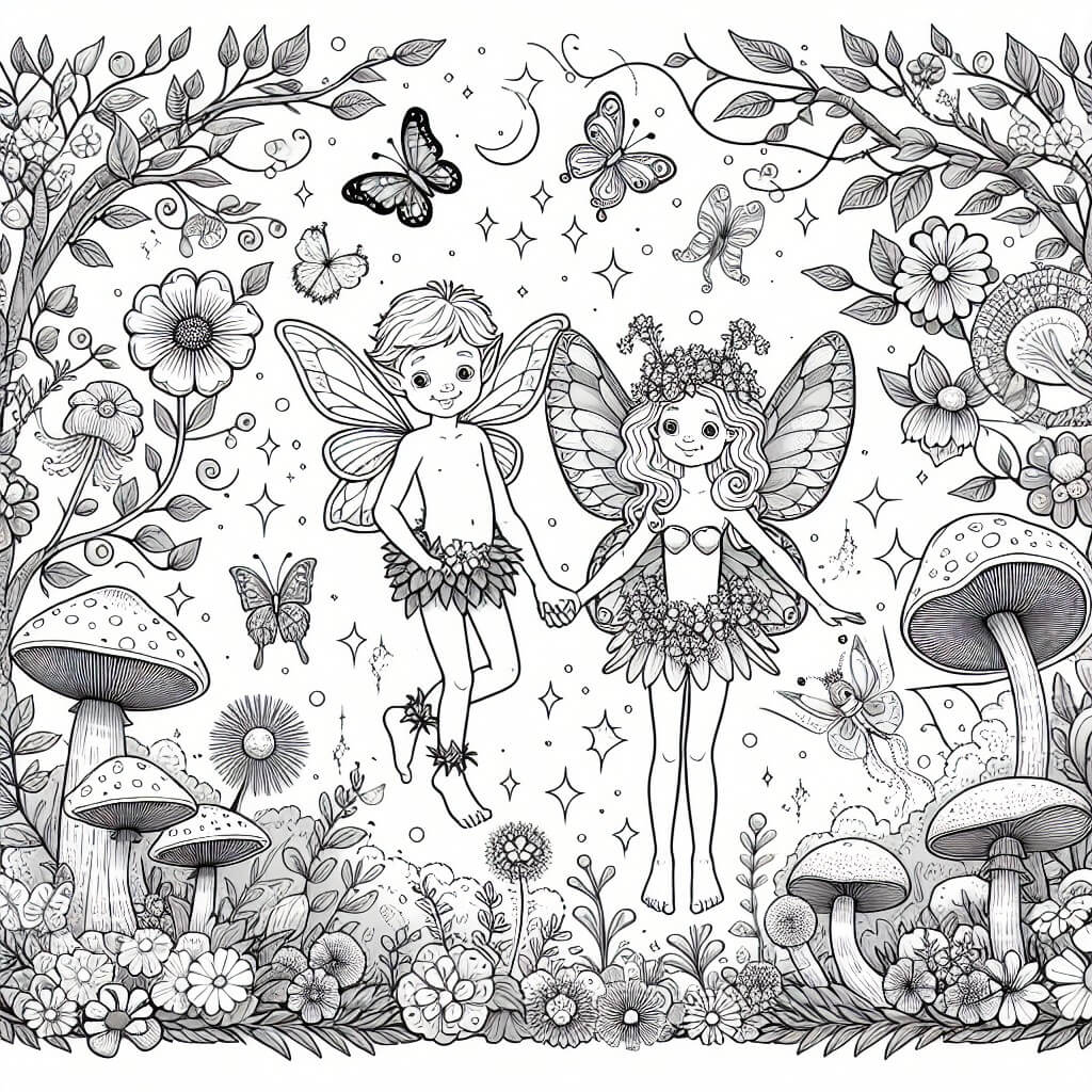 Une illustration destinée aux enfants représentant une fée espiègle, accompagnée d'un petit lutin farceur, dans un jardin enchanté rempli de fleurs colorées, champignons magiques et papillons scintillants.
