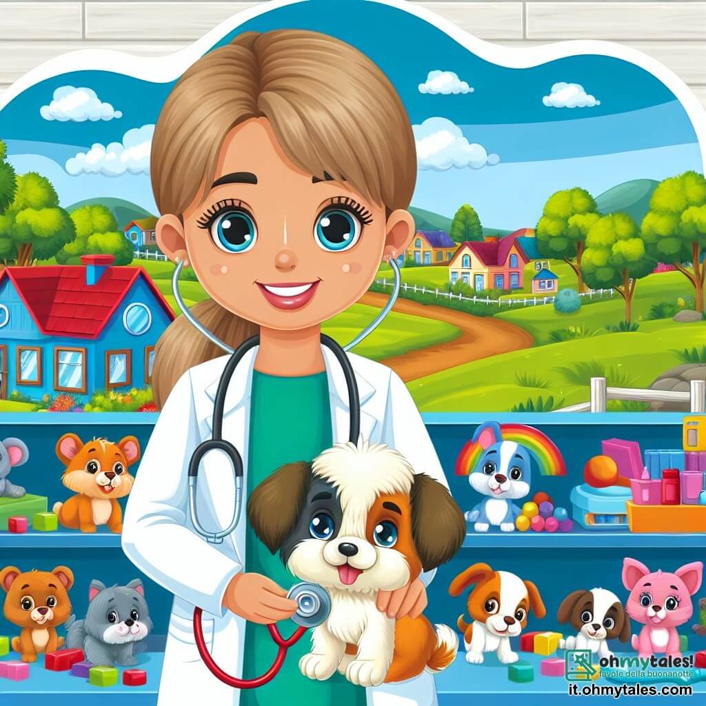 Une illustration destinée aux enfants représentant une femme vétérinaire au sourire lumineux prenant soin d'un adorable chiot malade dans un studio coloré rempli de jouets pour animaux, situé dans une petite cittadina entourée de prati verdi et alberi frondosi.