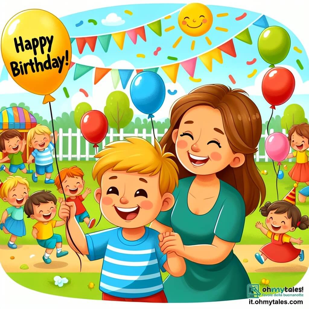 Une illustration destinée aux enfants représentant un petit garçon joyeux célébrant son anniversaire avec sa maman, entouré de ballons colorés, dans un parc de jeux ensoleillé rempli d'enfants riant et s'amusant.