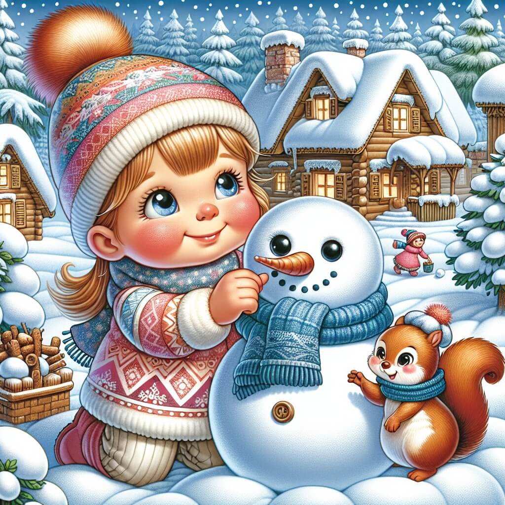 Une illustration destinée aux enfants représentant une jeune fille, les joues rouges de froid, qui construit un grand bonhomme de neige avec l'aide d'un joyeux écureuil, dans un paisible village enneigé, entouré de chalets en bois et d'arbres couverts de neige étincelante.