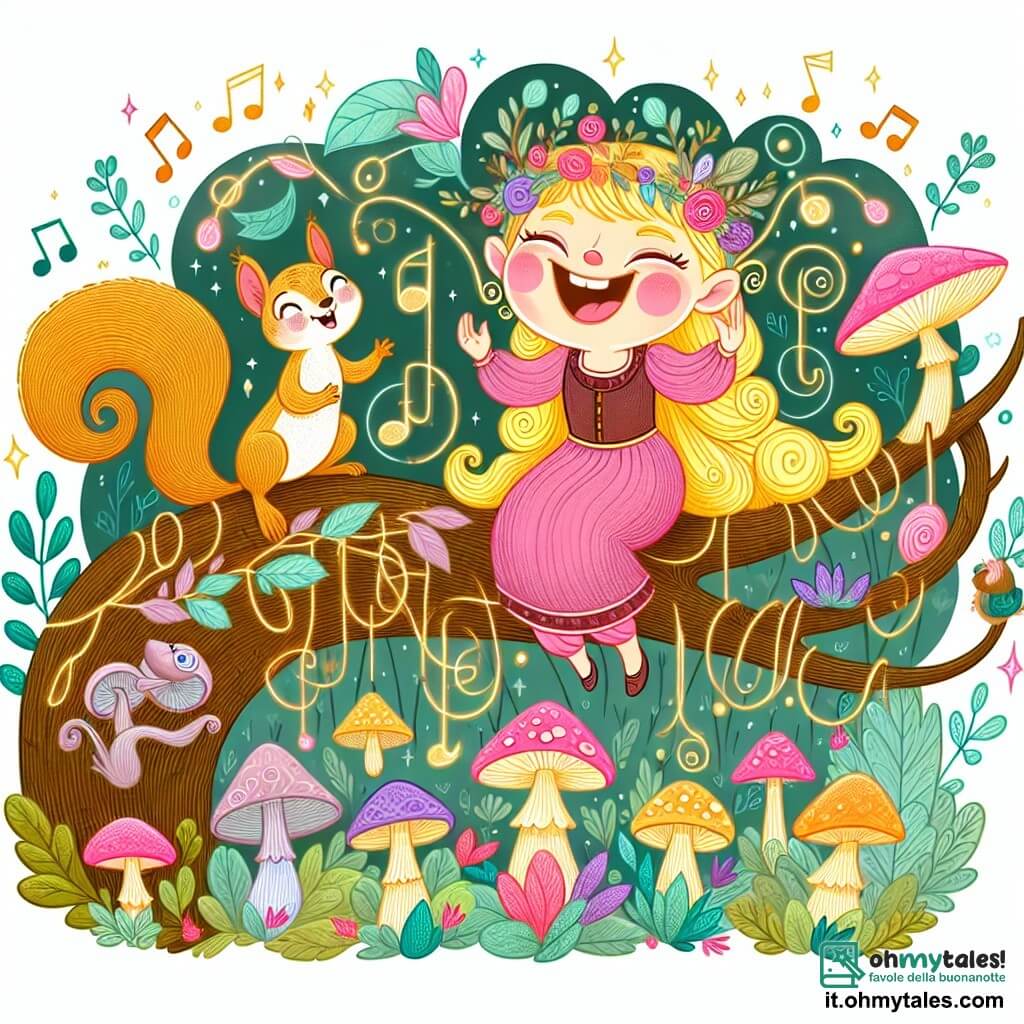 Une illustration destinée aux enfants représentant une jeune géante rigolote se retrouvant accidentellement coincée dans un arbre enchanté, aidée par un écureuil malicieux, dans une forêt magique pleine de champignons lumineux et de fleurs qui chantent.