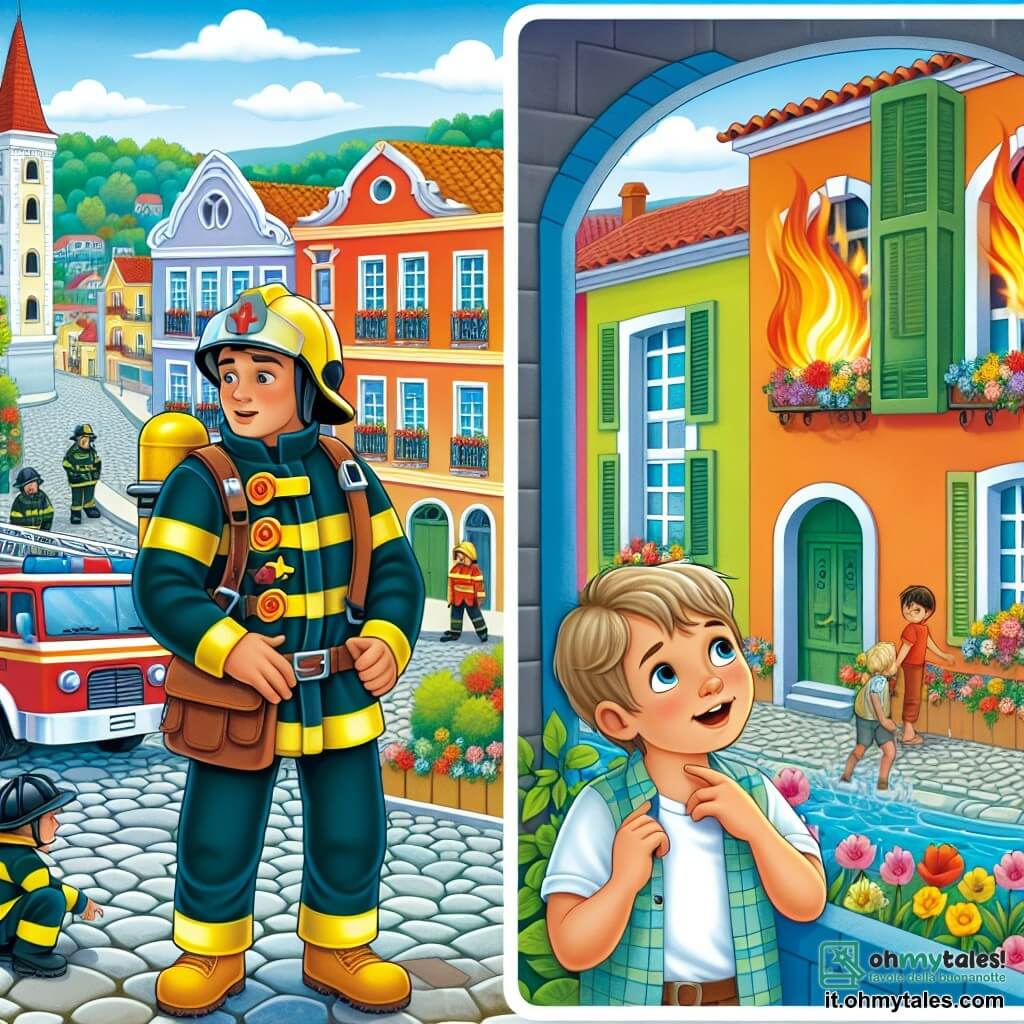 Une illustration destinée aux enfants représentant un pompier courageux, une situation d'incendie, un petit garçon curieux et admiratif, dans la ville pittoresque de Bellavista avec ses maisons colorées et ses rues pavées bordées de fleurs.