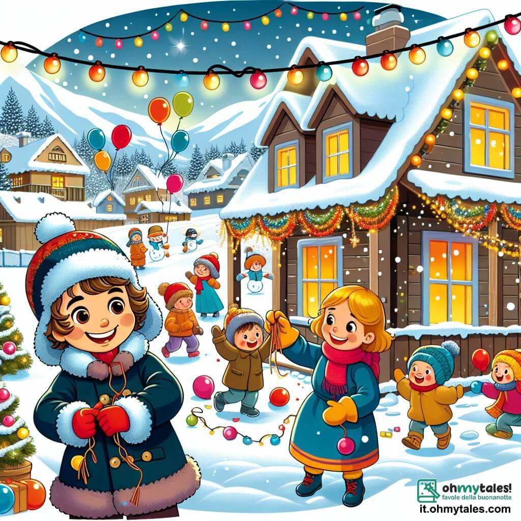 Une illustration sous forme de dessin destinée aux enfants représentant une scène festive dans un petit village de montagne enneigé, avec un garçon de 5 ans aux cheveux bouclés et au sourire éclatant, portant un manteau bleu, des gants rouges et un bonnet jaune, qui aide sa maman à décorer la maison avec des guirlandes colorées et des ballons scintillants, tandis que des amis rient et jouent dans la neige à l'extérieur, créant une atmosphère joyeuse et chaleureuse pour la fête du Nouvel An.