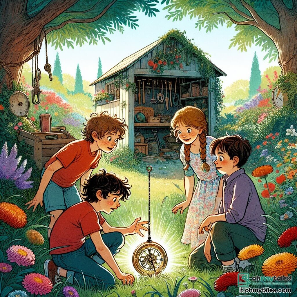 Illustrazione che rappresenta un giardino soleggiato, pieno di fiori colorati e alberi con foglie verdi brillanti. Al centro, un vecchio capanno in legno, leggermente usurato, con attrezzi appesi all'interno e alte erbe che lo circondano. Quattro bambini, due ragazzi e due ragazze, sono riuniti attorno a un misterioso orologio a pendolo scintillante. Il primo ragazzo, di circa nove anni, ha capelli castani disordinati e indossa una maglietta rossa con jeans blu. Guarda l'orologio con curiosità, gli occhi spalancati. La seconda ragazza, anch'essa di nove anni, ha capelli biondi intrecciati e indossa un vestito a fiori. Sorride, intrigata dall'oggetto magico. Il terzo bambino, un ragazzo con capelli castani e occhiali, sta puntando l'orologio con aria eccitata. Infine, la quarta ragazza, con capelli ricci e una maglietta viola, si tiene leggermente in disparte, osservando la scena con un misto di meraviglia e apprensione. La scena principale mostra i bambini che scoprono l'orologio magico che emette una luce brillante, mentre una leggera brezza fa danzare i fiori intorno a loro. Sullo sfondo, il cielo è di un blu intenso, punteggiato da alcune nuvole bianche e soffici, aggiungendo un tocco di magia a questa scena d'avventura.