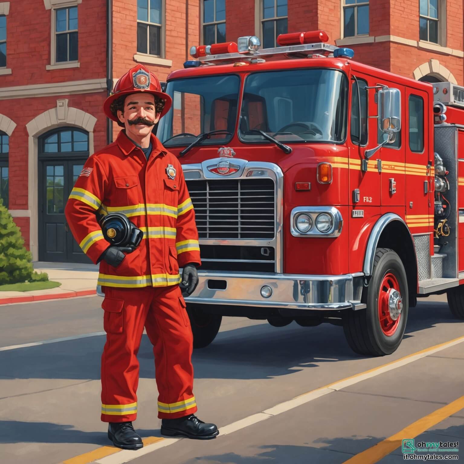 Une illustration destinée aux enfants représentant un courageux pompier, un homme au sourire chaleureux et à la moustache bien taillée, vêtu d'une brillante combinaison rouge ornée de bandes réfléchissantes, se tenant fièrement à côté de son majestueux camion de pompiers, garé devant une caserne aux murs en briques rouges et aux grandes fenêtres, où l'on peut voir des jouets en forme de camions et des casques colorés, tandis qu'une petite fille aux cheveux bouclés, Anna, et un garçon espiègle, Leo, aux lunettes rondes, l'observent avec des yeux émerveillés, impatients de découvrir les secrets de ce monde fascinant où l'eau jaillit en cascade des tuyaux comme une pluie d'étoiles filantes.