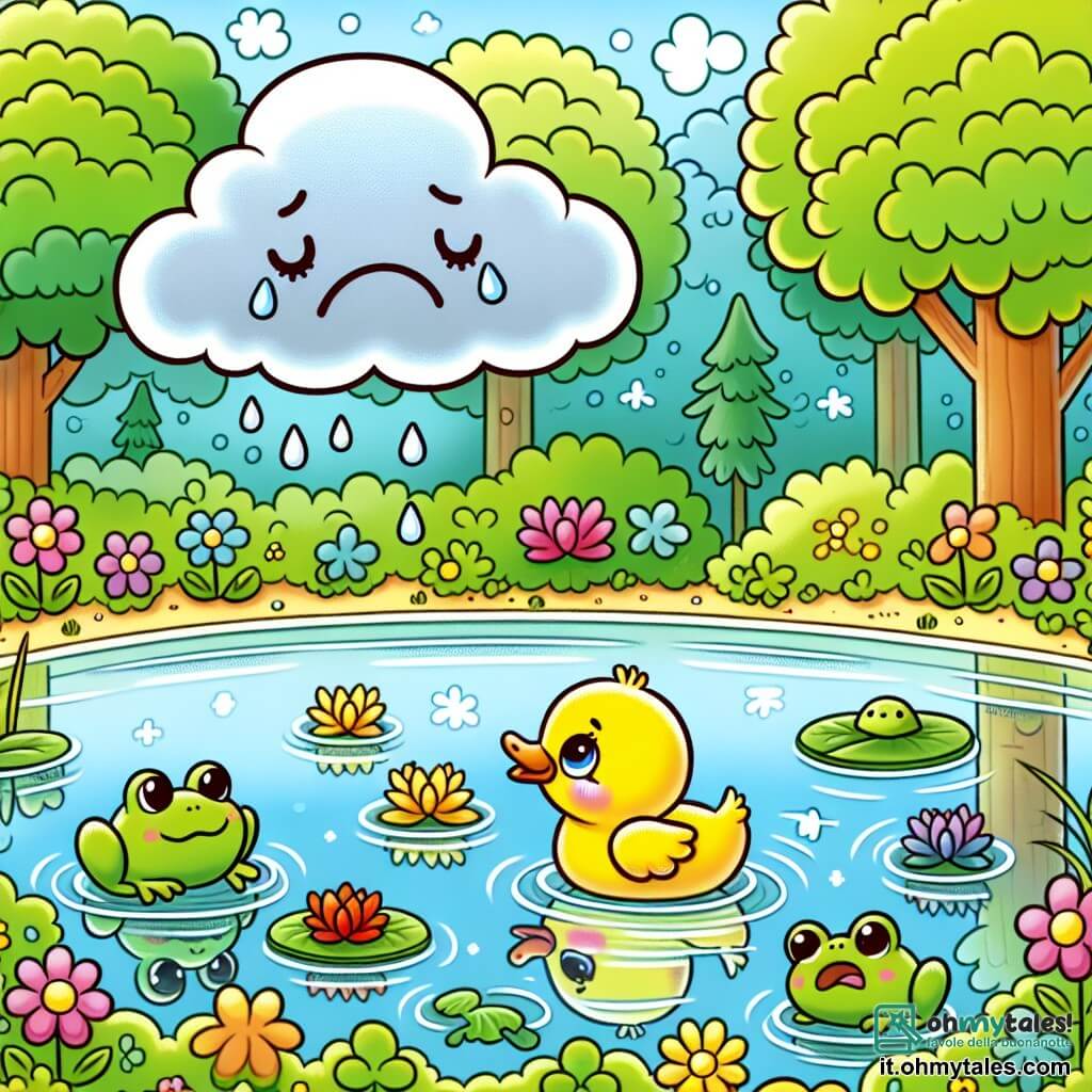 Une illustration sous forme de dessin destinée aux enfants représentant un lac scintillant entouré d'arbres verdoyants et de fleurs colorées, avec un petit canard jaune aux plumes brillantes, curieux et souriant, qui nage joyeusement dans l'eau claire tout en levant la tête vers une grande nuage triste flottant au-dessus de lui, tandis que des ranes vertes et des poissons colorés l'observent avec des yeux émerveillés, capturant le moment où le canard décide d'aider la nuage à retrouver sa place dans le ciel.
