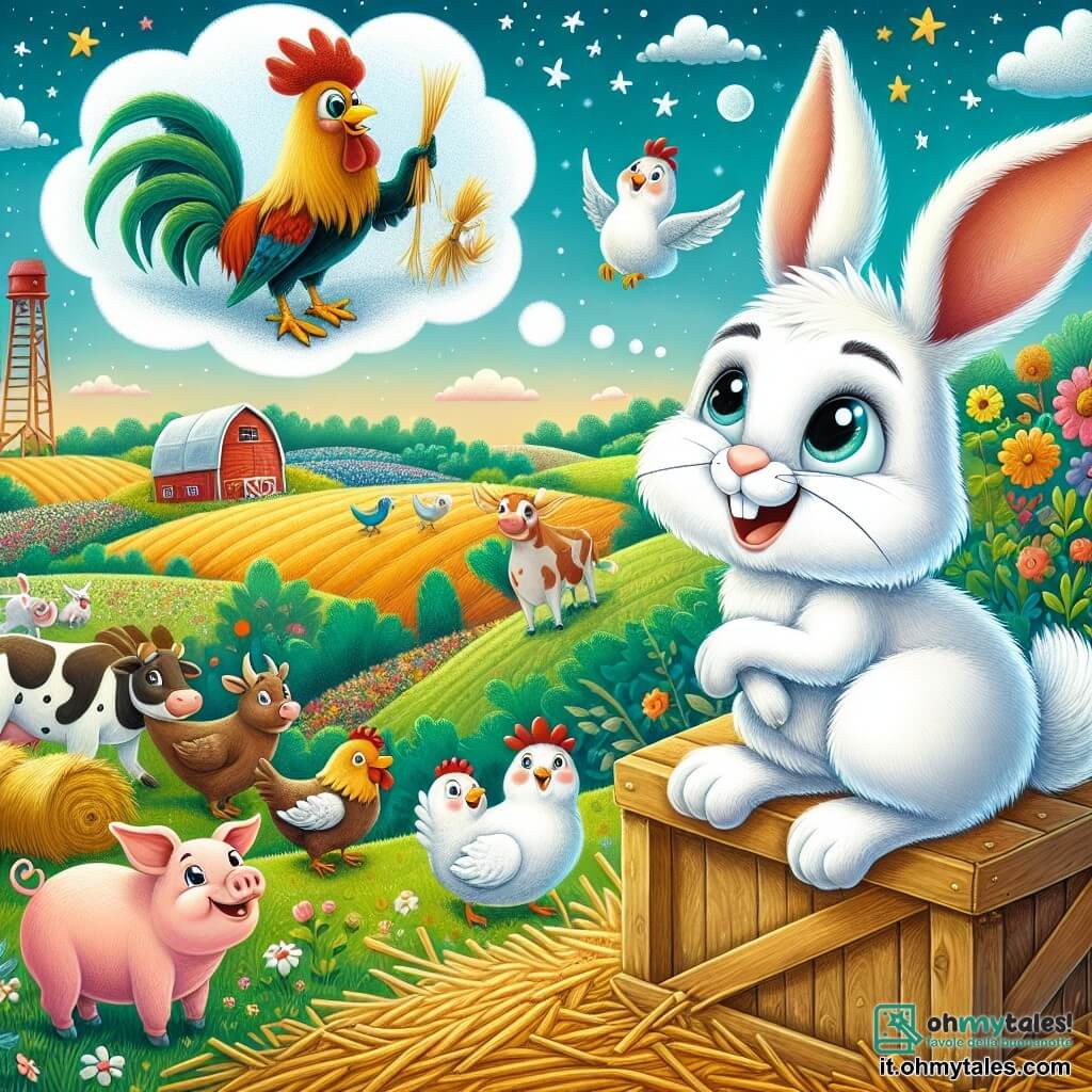Illustrazione che rappresenta una scena gioiosa in una fattoria colorata, con campi verdissimi e fiori vivaci sotto un cielo blu punteggiato di nuvole bianche. Al centro, un coniglio dalle grandi orecchie, con un pelo bianco e morbido, è seduto su un mucchio di fieno, gli occhi brillanti di eccitazione, mentre sogna avventure straordinarie. Accanto a lui, un giovane gallo con piume dorate e un'aria divertita, che si trova su una cassa di legno, guarda il coniglio con curiosità, pronto a incoraggiarlo nelle sue idee folli. Sullo sfondo, altri animali della fattoria, come una mucca ridanciana e un maiale curioso, si avvicinano per ascoltare il coniglio, creando un'atmosfera di amicizia e gioia. La scena cattura l'energia di un momento in cui il coniglio condivide il suo sogno di costruire un'astronave, circondato da amici pronti ad aiutarlo, con elementi come attrezzi da lavoro, pezzi di cartone e stelle disegnate nell'aria per evocare l'immaginazione sfrenata.