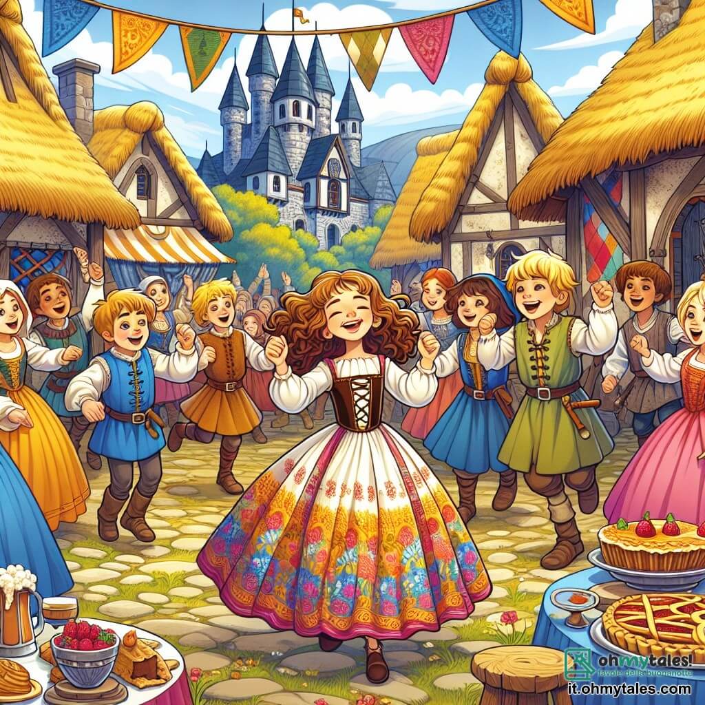 Illustrazione che rappresenta una grande festa medievale in un pittoresco villaggio, con case in pietra dai tetti di paglia, bandierine colorate che sventolano nel vento e tavoli carichi di delizie come crostate di frutta e torte. Al centro della scena, una ragazza di 9 anni, con capelli castani e ricci, indossa un vestito colorato fatto di tessuti semplici. Sorride gioiosamente, alzando le braccia in aria, come per incoraggiare gli altri a ballare. Intorno a lei, diversi bambini di circa 8-10 anni, vestiti con abiti medievali, ridono e danzano. Un ragazzo con capelli biondi e occhi scintillanti tiene una piccola flauto, mentre una ragazza con capelli rossi e intrecciati gioca con una palla. La scena principale mostra l'unità e la gioia dei villaggi che celebrano insieme, con risate e canti, sperando di convincere il signore del castello a ridurre le tasse. Sullo sfondo, si intravede il maestoso castello su una collina, con bandiere che sventolano, aggiungendo un tocco di magia a questa scena di amicizia e felicità.