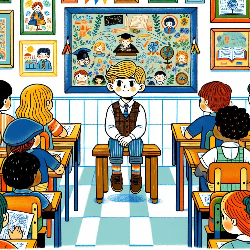 Une illustration destinée aux enfants représentant un jeune garçon assis sur un banc d'école, entouré de ses camarades de classe, dans une salle de classe colorée et animée, remplie de livres, de tableaux et de dessins accrochés aux murs.