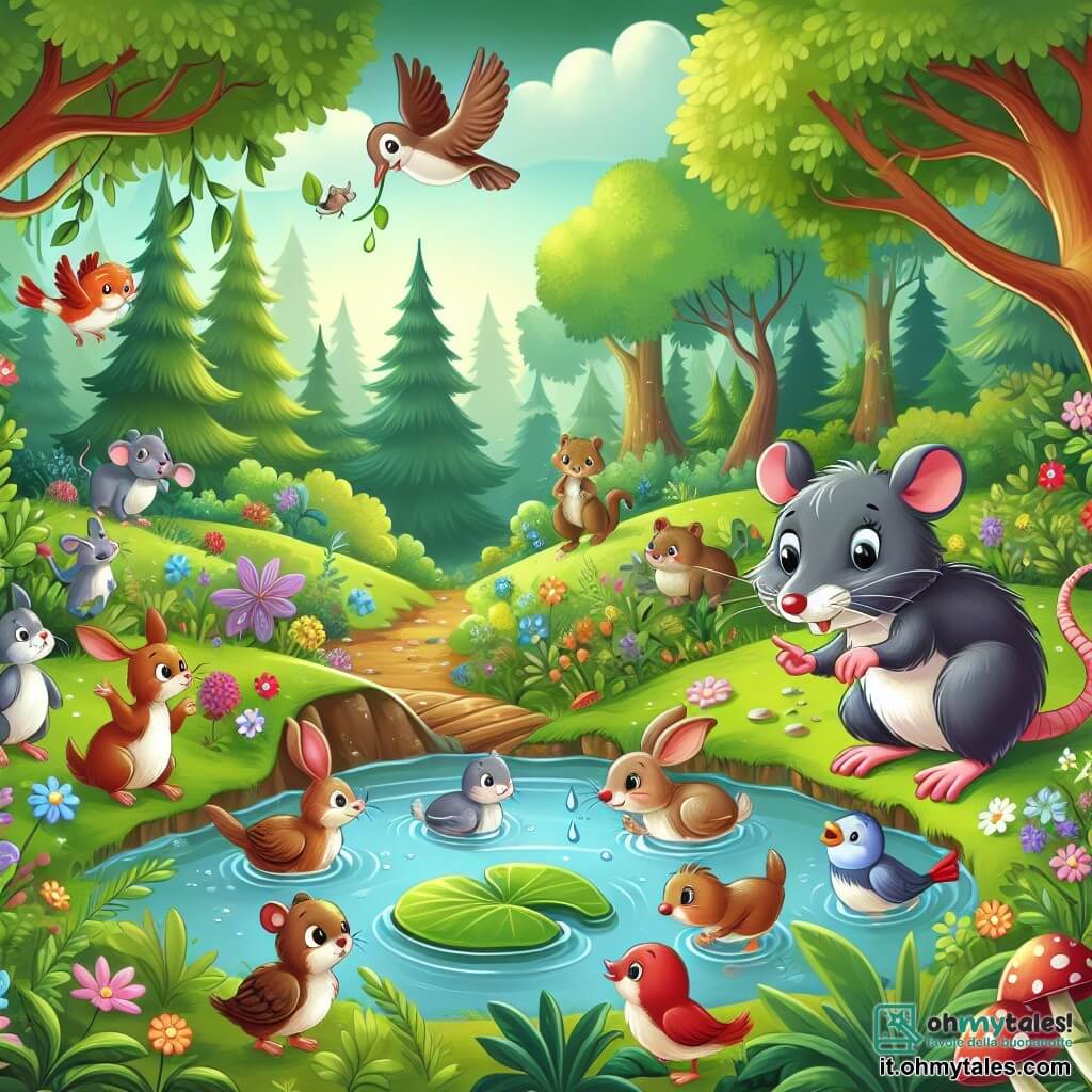 Une illustration destinée aux enfants représentant un petit rat malicieux, se retrouvant dans une forêt enchantée où il rencontre de nombreux animaux, tels qu'un oiseau blessé, un petit lapin égaré et un poisson perdu, tous vivant dans un bois luxuriant avec des arbres majestueux, des fleurs colorées et un ruisseau scintillant.