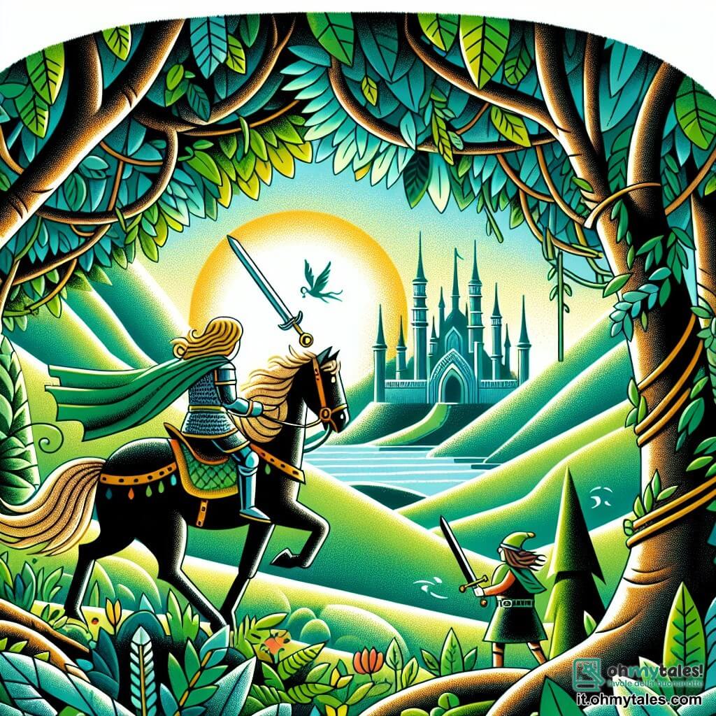Une illustration destinée aux enfants représentant un prince courageux qui se lance dans une quête périlleuse à travers une mystérieuse forêt enchantée, accompagné d'un elfe sage, à la recherche d'une épée magique pour protéger son royaume, au cœur d'une vallée verdoyante où les arbres semblent danser avec la lumière du soleil.