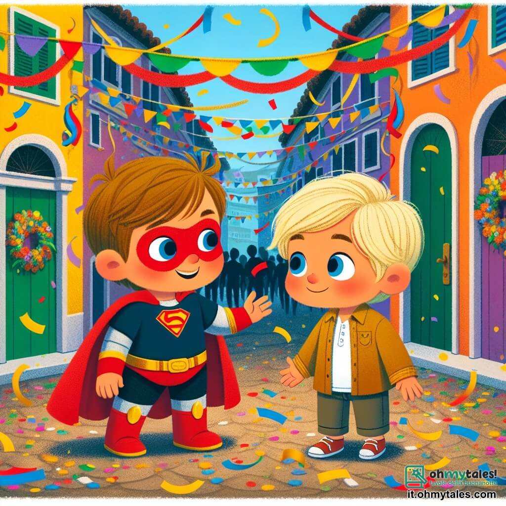 Une illustration destinée aux enfants représentant un petit garçon déguisé en super-héros, rencontrant un autre garçon blond aux yeux bleus timide, lors du Carnevale di Marco dans une petite cittadina colorata, avec des coriandoli et des stelle filanti partout.