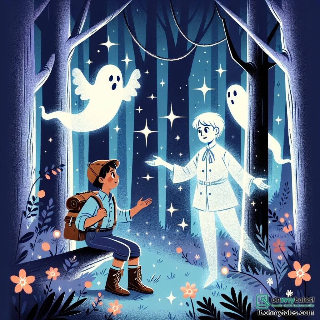 Une illustration destinée aux enfants représentant un fantôme lumineux rencontrant un jeune explorateur courageux dans une forêt enchantée aux arbres dansants et aux fleurs scintillantes.
