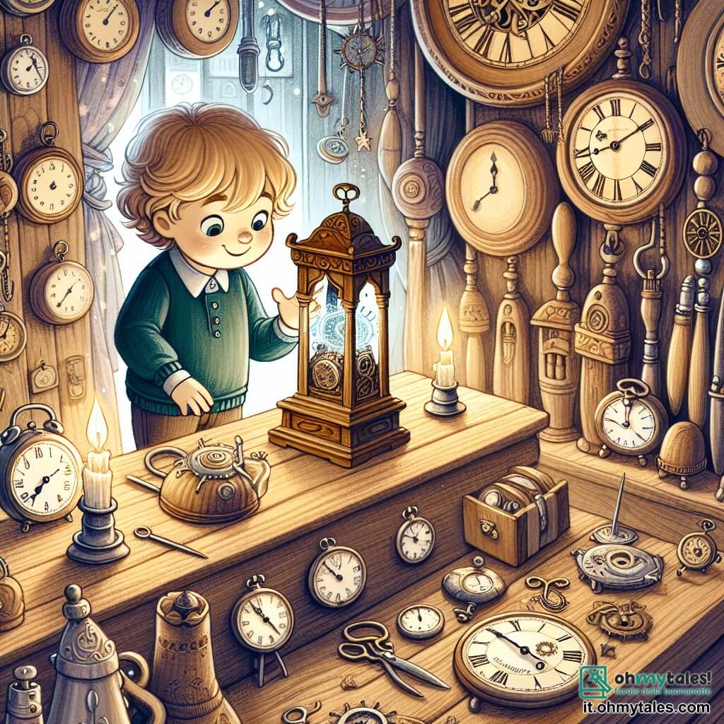 Une illustration destinée aux enfants représentant une fillette curieuse découvrant un mystérieux orologio magico dans l'antique boutique d'un vieux orologiaio, entourée de pendules en bois sculpté et de montres à gousset en argent, située dans la charmante petite ville de Solevento.