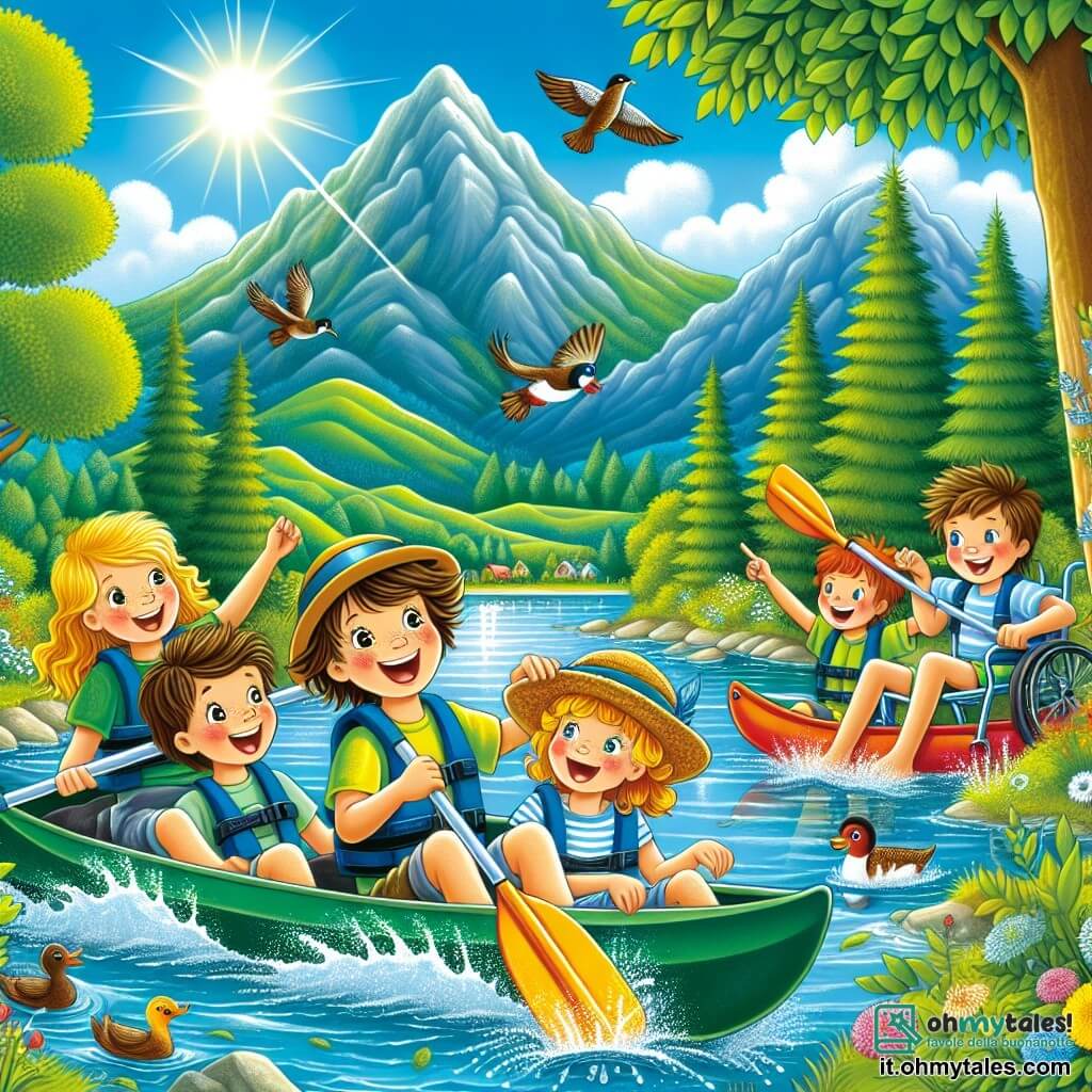Illustrazione che rappresenta un magnifico lago scintillante sotto il sole estivo, circondato da maestose montagne verdi e grandi alberi con foglie di un verde brillante. In primo piano, un gruppo di quattro bambini: un ragazzo di dodici anni con capelli castani e occhi scintillanti, sorridente mentre tiene una pagaia da kayak; una ragazza di dodici anni con capelli biondi e occhiali da sole, ridendo e mostrando un pesce saltato fuori dall'acqua; un ragazzo di dodici anni in sedia a rotelle, con capelli castani e un grande sorriso, che incoraggia i suoi amici a remare; e una ragazza di dodici anni con capelli castani e un cappello di paglia, che tiene una mappa e spiega la prossima avventura. La scena trasmette un'atmosfera di amicizia ed eccitazione, con schizzi d'acqua intorno ai kayak colorati e uccelli che volano nel cielo blu. Elementi aggiuntivi includono anatre che nuotano pacificamente nel lago e fiori selvatici colorati sulla riva.