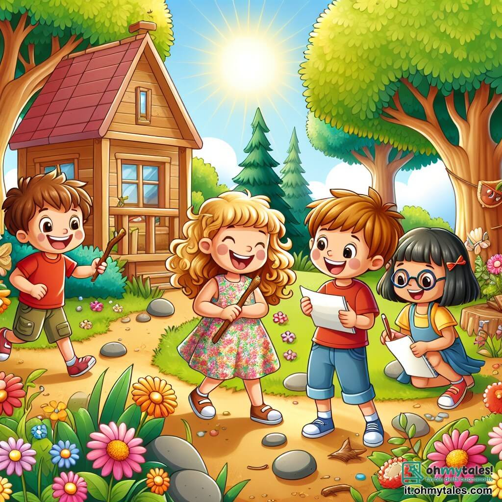 Illustrazione che rappresenta un parco soleggiato, pieno di fiori colorati e alberi maestosi, con una piccola casa in legno al centro dove si svolge una riunione di gruppo. In primo piano, una ragazza di 5 anni, con capelli ricci e dorati, indossa un vestito a fiori e ride gioiosamente mentre tiene un bastone in mano, pronta a giocare. Accanto a lei, altri tre bambini: un ragazzo di 5 anni con capelli corti e castani e una maglietta rossa, che sorride mostrando un sasso trovato; una ragazza di 5 anni con capelli lisci e neri, che indossa una gonna blu e disegna su un quaderno; e un ragazzo di 6 anni con occhiali e capelli biondi, che osserva attentamente la scena. La situazione principale mostra i bambini che giocano a un gioco di caccia al tesoro, circondati da foglie e bastoni, con risate e sorrisi sui loro volti, illustrando l'importanza di divertirsi senza schermi. Elementi grafici aggiuntivi includono aquiloni colorati che fluttuano nel cielo e un grande pannello in legno con il nome del club scritto in lettere gioiose.