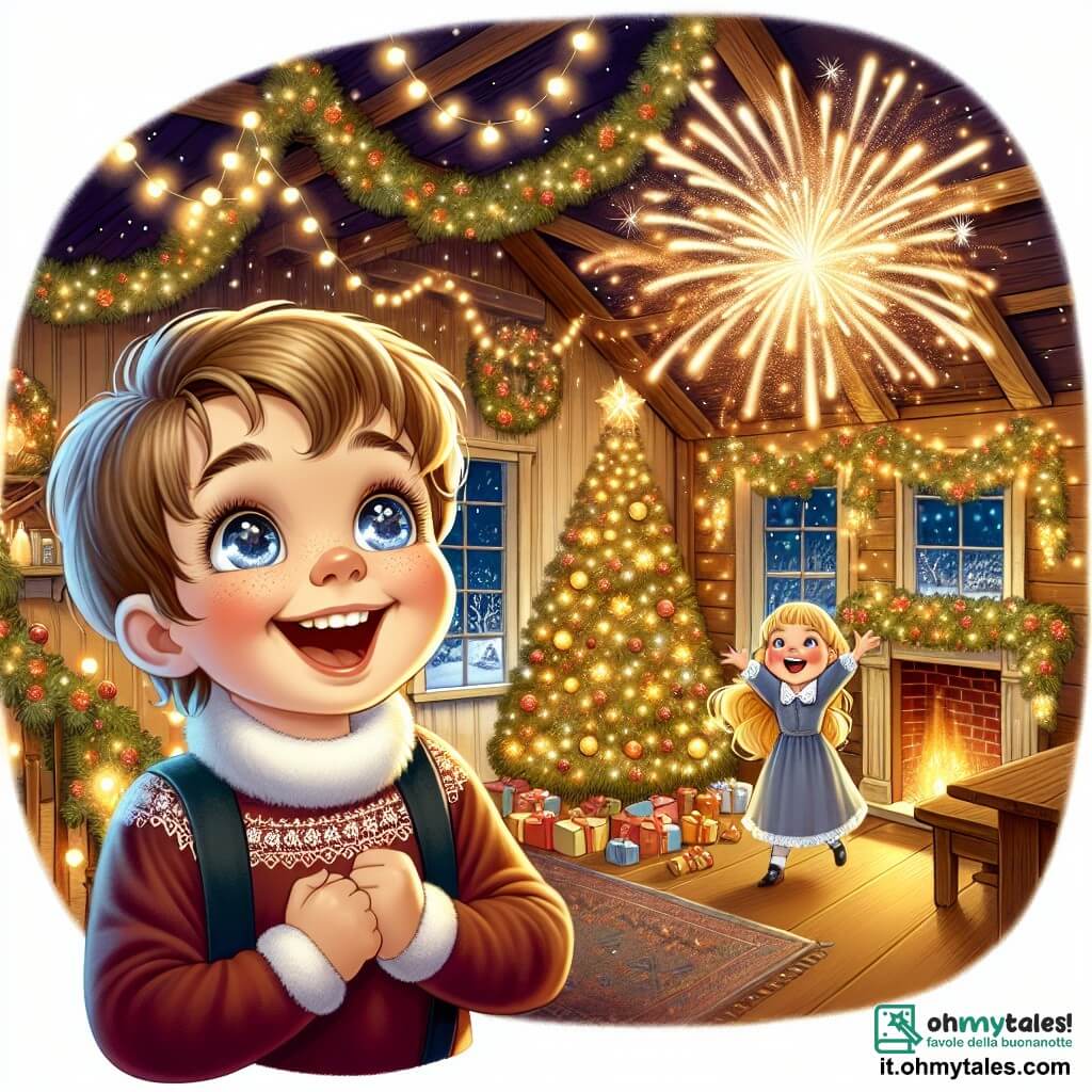 Une illustration destinée aux enfants représentant un garçon aux yeux pétillants et aux joues roses, débordant d'excitation à l'approche de la fête du Nouvel An, se tenant dans une chaleureuse maison décorée de guirlandes scintillantes et d'un grand sapin illuminé, tandis qu'une fille rieuse, sa meilleure amie, l'encourage à faire un vœu sous les feux d'artifice éclatants qui illuminent le ciel étoilé à l'extérieur.