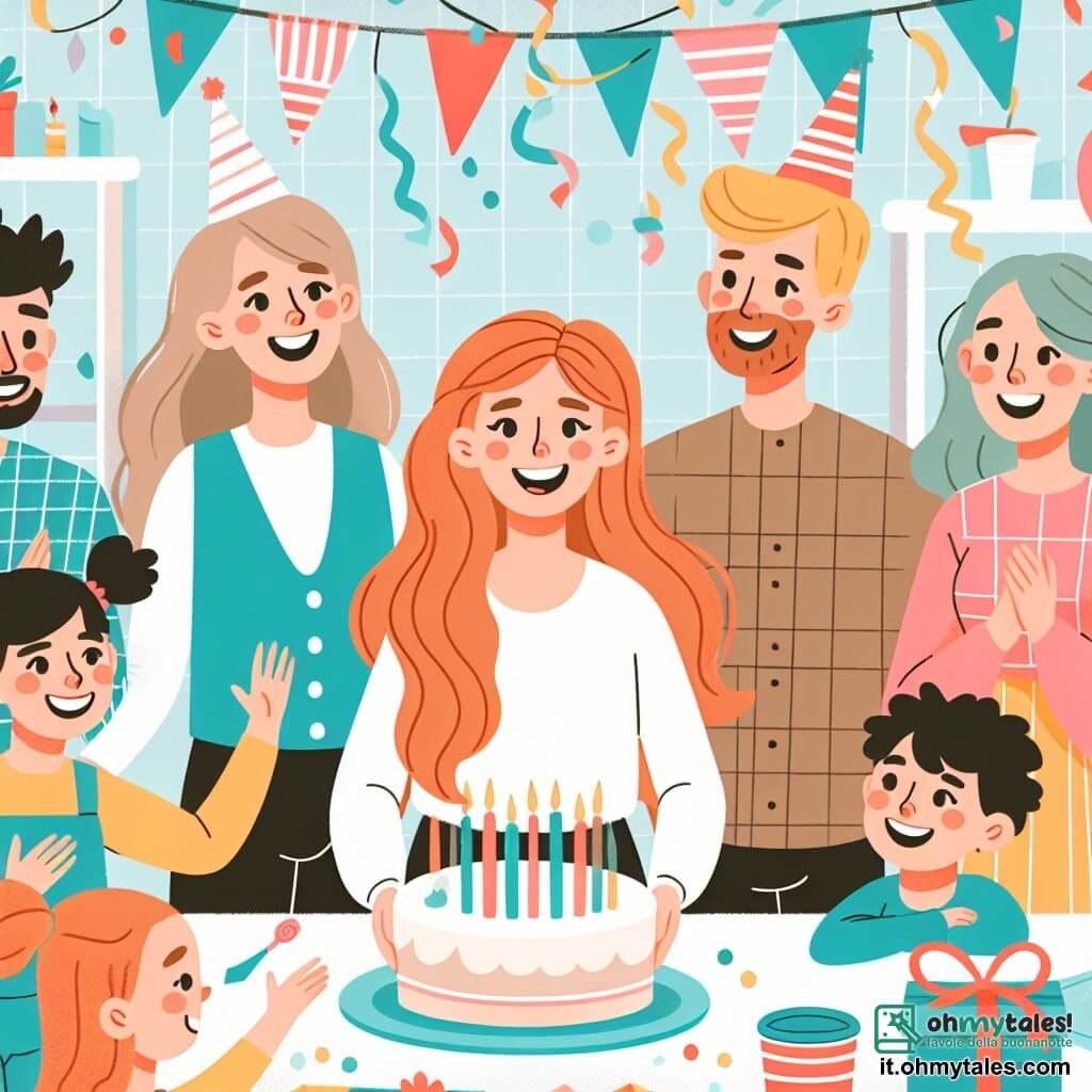 Une illustration destinée aux enfants représentant une fillette joyeuse fêtant son anniversaire entourée de sa famille et de ses amis dans une salle de fête colorée et festive.