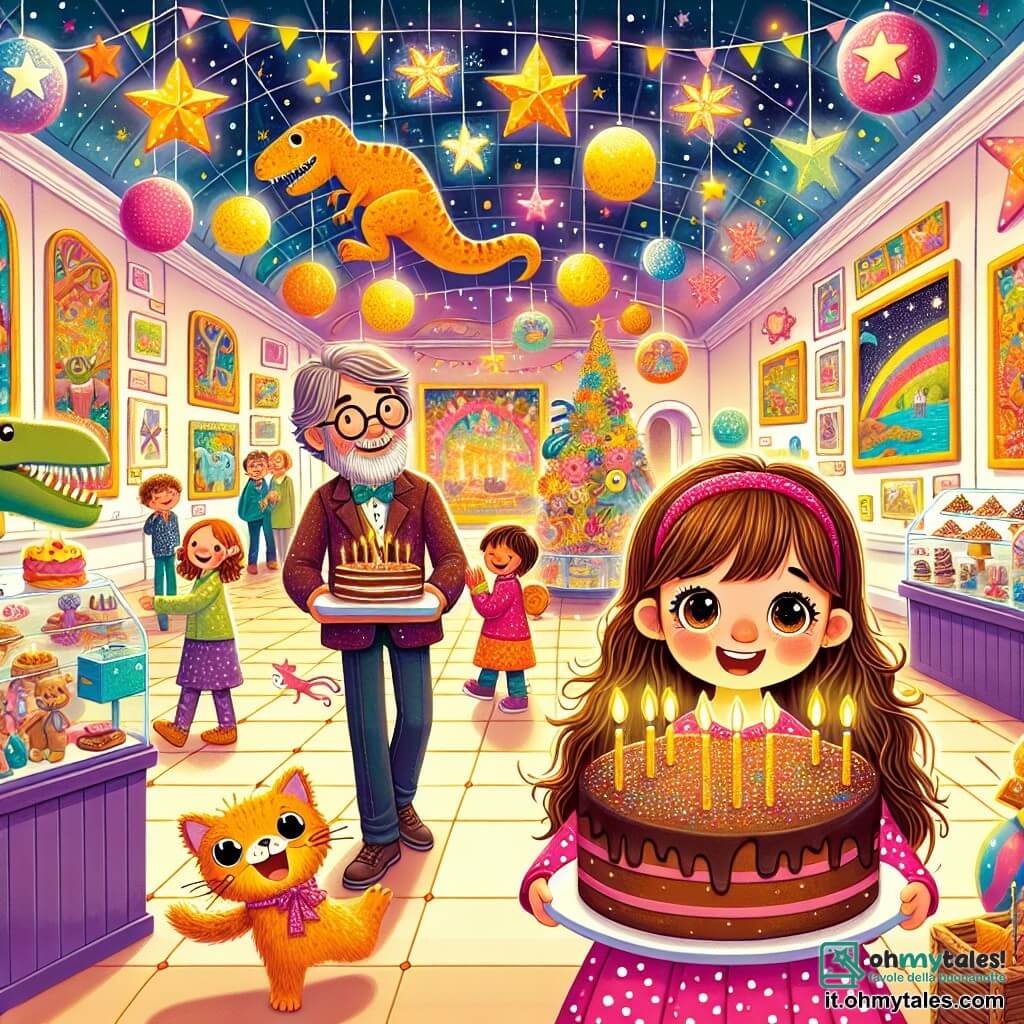 Illustrazione che rappresenta una sala di museo colorata e luminosa, piena di esposizioni affascinanti: dinosauri in cartapesta, stelle scintillanti appese al soffitto e muri decorati con dipinti vibranti. Al centro della scena, una bambina di 5 anni, con lunghi capelli castani e occhi brillanti, indossa un vestito rosa a pois bianchi. Sorride gioiosamente, tenendo un grande pezzo di torta al cioccolato decorato con sei candeline accese, pronta a soffiare. Accanto a lei, un uomo di mezza età, con occhiali rotondi e un sorriso caloroso, tiene un vassoio di dolci, mentre un gatto dai colori vivaci, con un cappello buffo, danza intorno a loro, aggiungendo un tocco di magia all'atmosfera festosa. La scena emana un'aria gioiosa e vivace, con palloncini colorati che fluttuano nell'aria e risate che risuonano nel museo.
