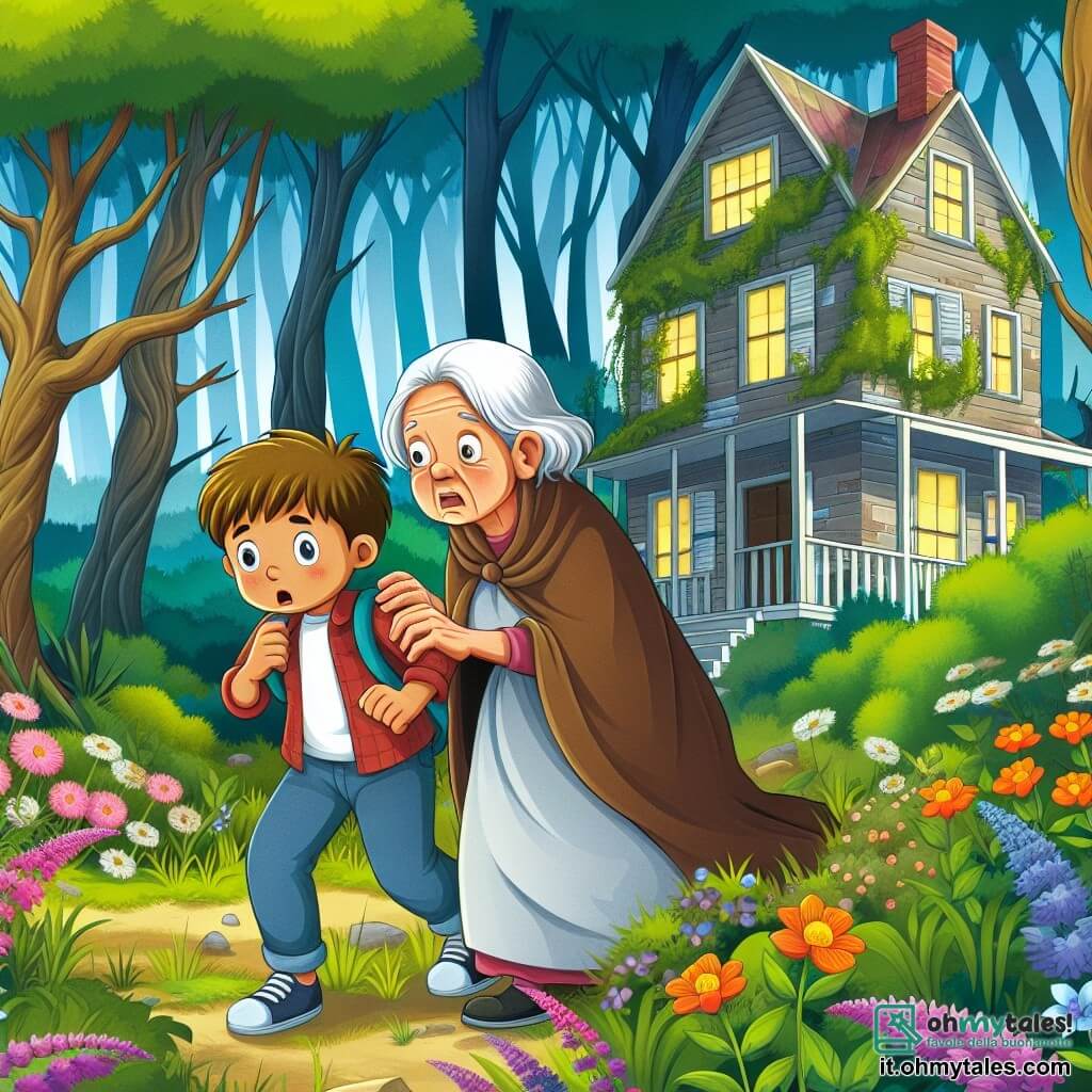Une illustration destinée aux enfants représentant un jeune garçon courageux explorant une maison abandonnée avec l'aide d'une vieille dame effrayée, dans un décor de jardin mystérieux entouré de grands arbres touffus et de fleurs sauvages colorées.
