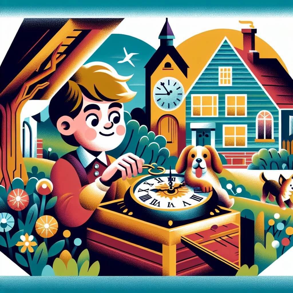 Une illustration destinée aux enfants représentant un jeune garçon curieux et aventurier, découvrant un mystérieux orologio dans le grenier de sa maison, avec sa fidèle cagnoline à ses côtés, dans une paisible petite ville aux maisons colorées et aux jardins fleuris.