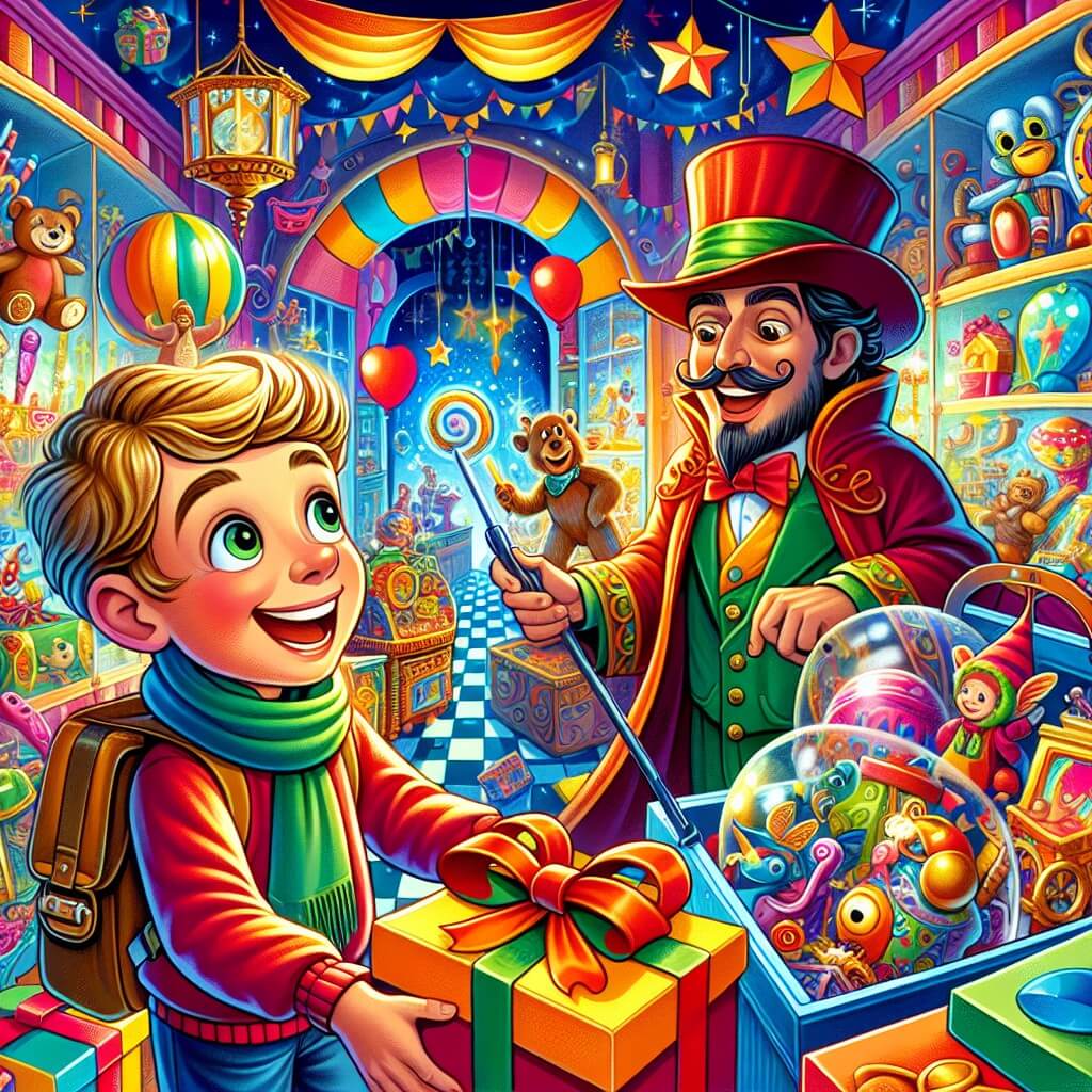 Une illustration destinée aux enfants représentant un jeune garçon plein d'enthousiasme, à la recherche du cadeau parfait pour son père, accompagné d'un mystérieux magicien des rires, dans une boutique de jouets remplie de couleurs vives et d'objets magiques.